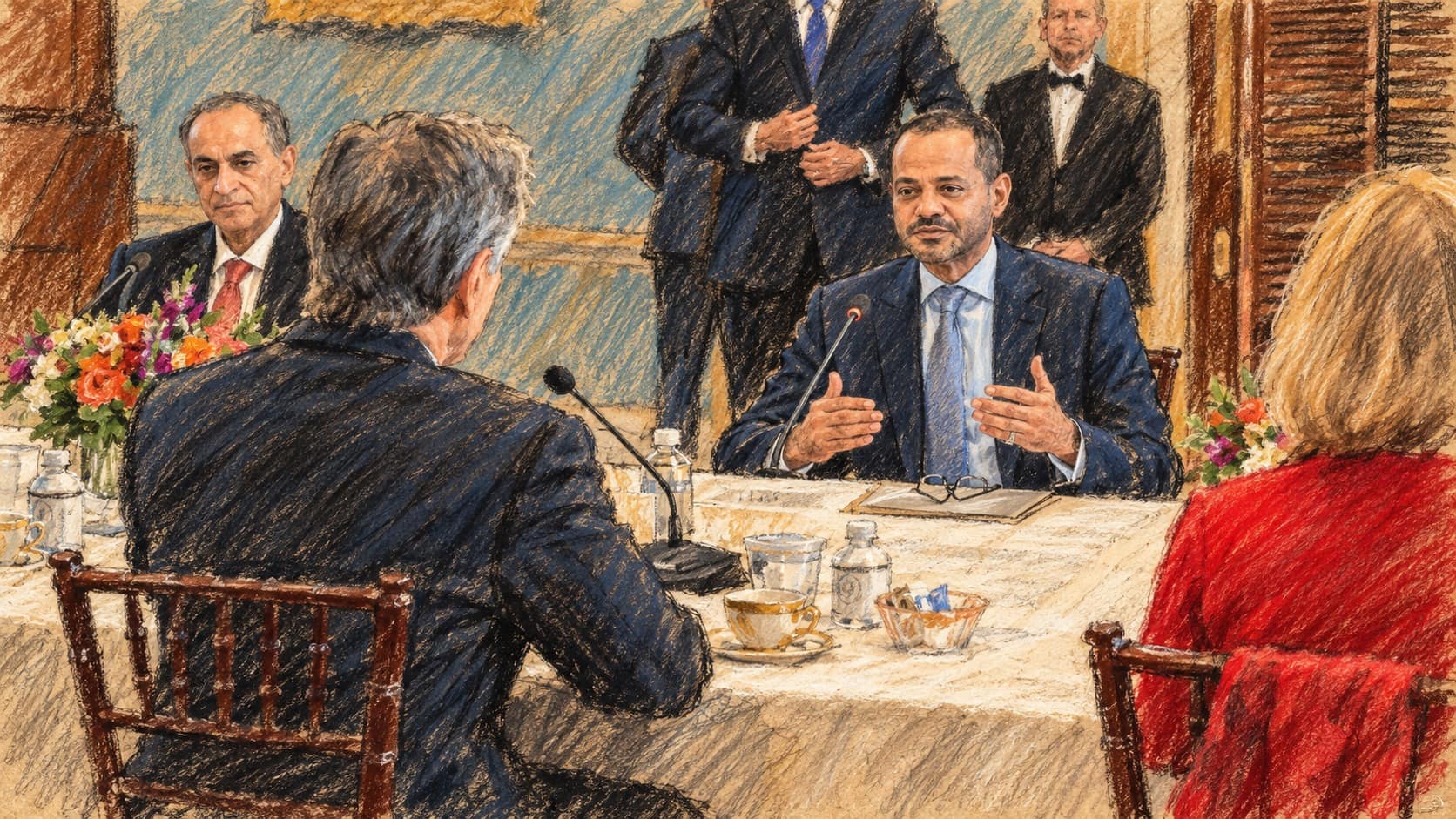 Courtroom-sketch editorial illustration of Omani Foreign Minister Badr Albusaidi speaking across a table at an archival 2022 diplomatic meeting in Washington