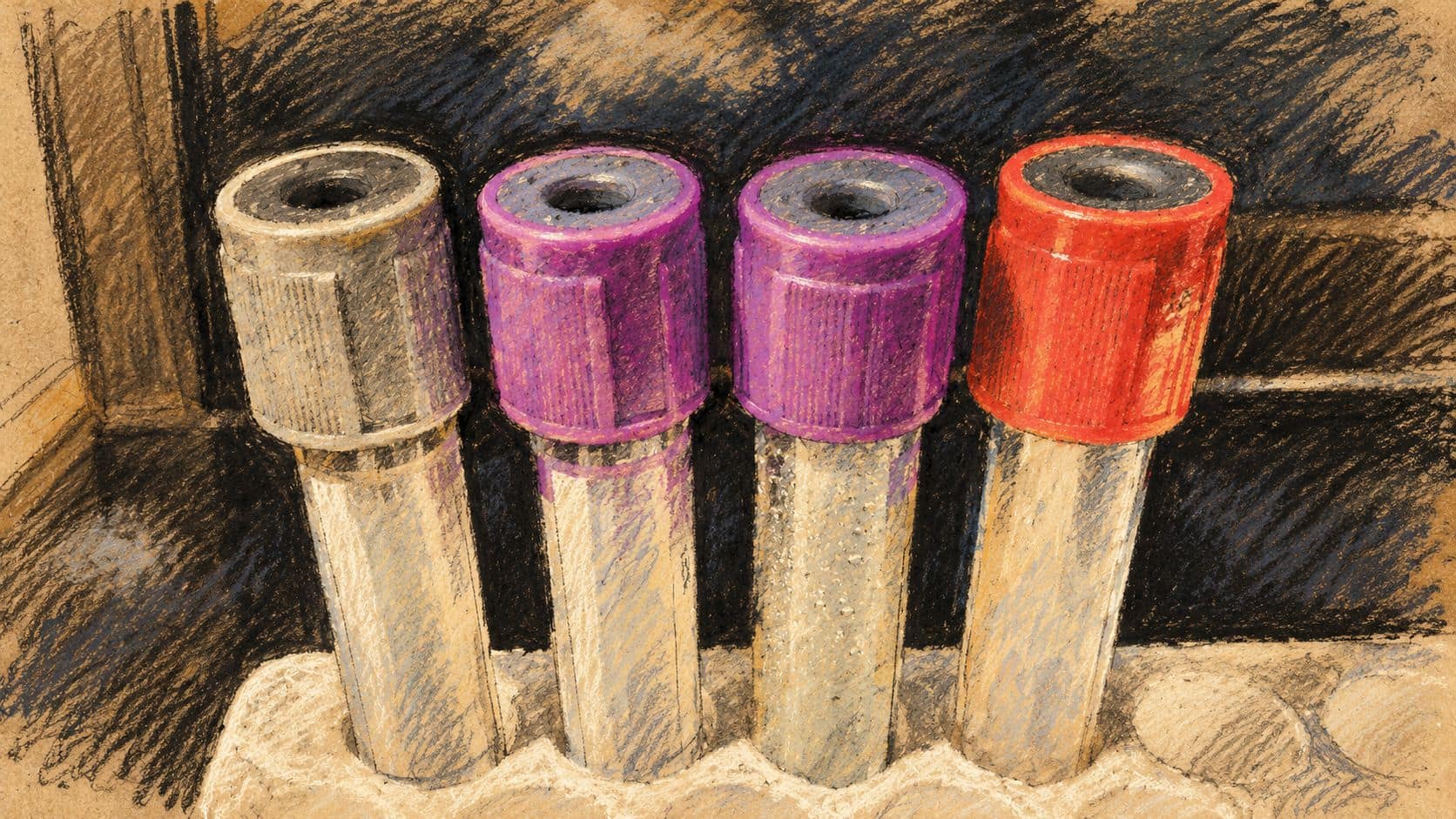Courtroom-sketch editorial illustration of four capped laboratory sample tubes in a rack, shown as archival context for medical research