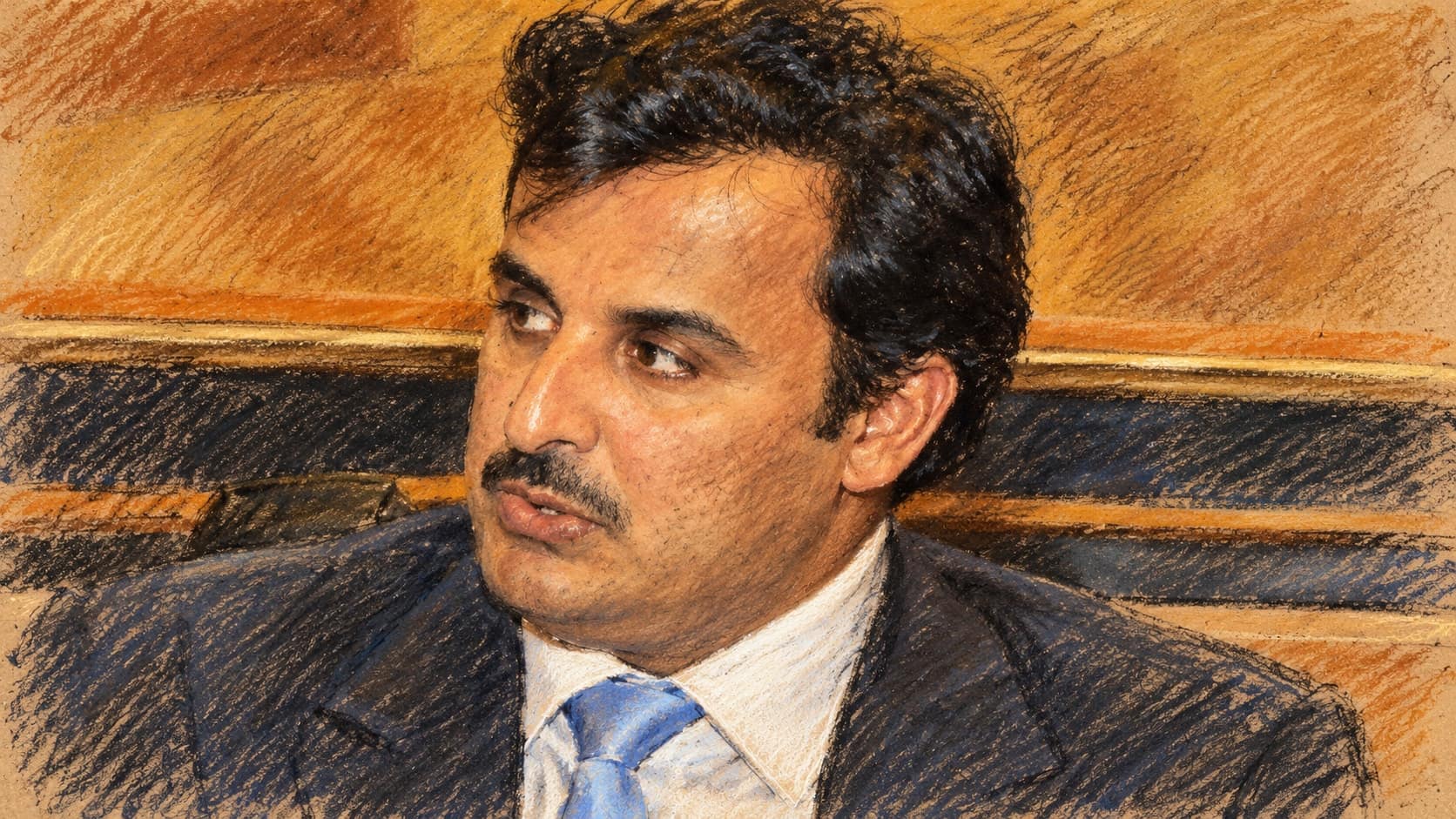 Courtroom-sketch editorial illustration of an archival September 2014 portrait of Qatari Emir Tamim bin Hamad Al Thani in a dark suit and pale-blue tie against wooden paneling; contextual portrait, not a depiction of the October 2026 Moscow meeting, rendered in warm ochre and slate-blue pastel strokes.