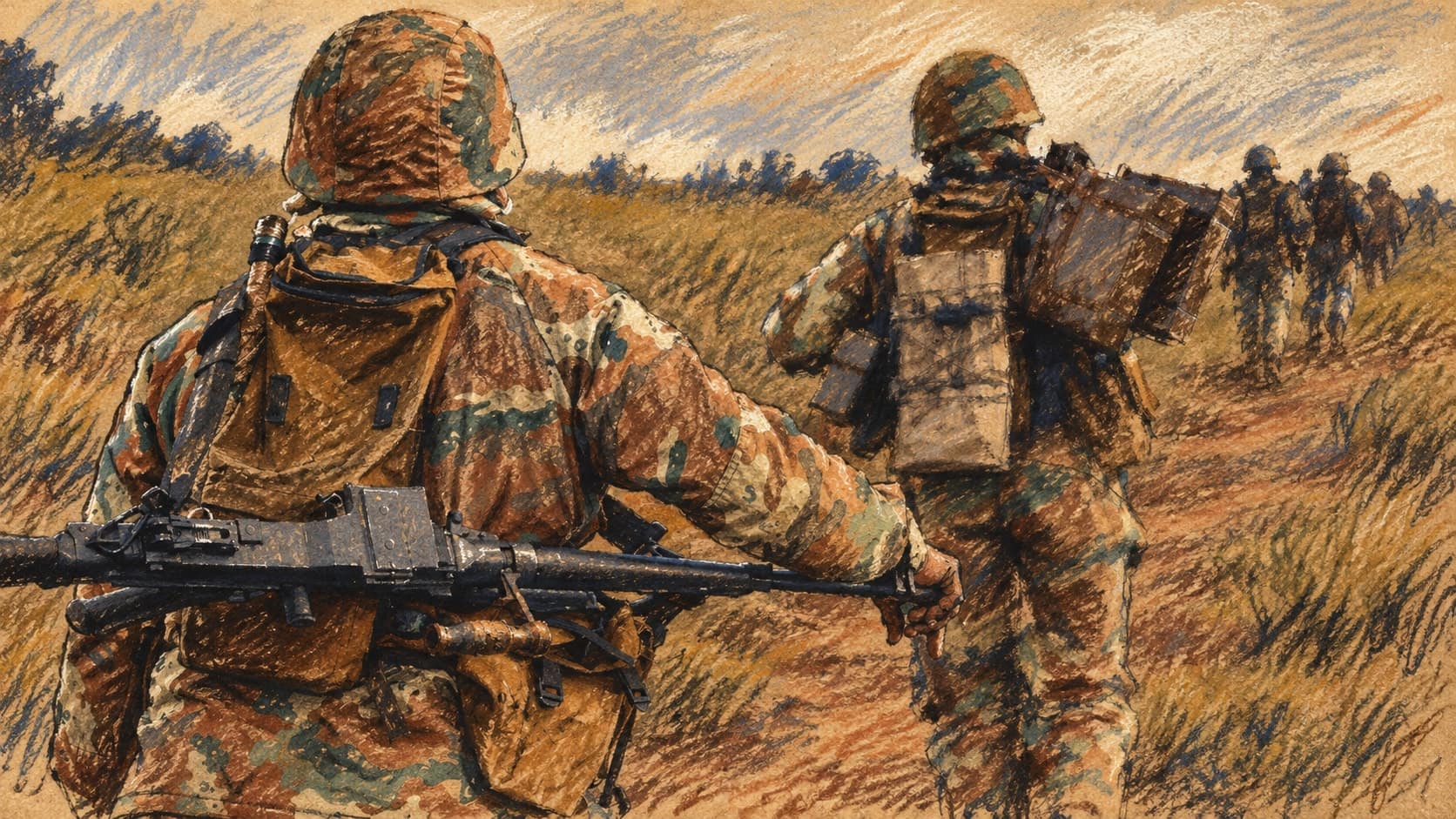 Courtroom-sketch editorial illustration of South African National Defence Force soldiers seen from behind hiking along a grassy rural path during Exercise Shared Accord in July 2011, rendered in warm ochre and slate-blue pastel strokes; archival military context, not a depiction of the October 2026 KwaZulu-Natal deployment.