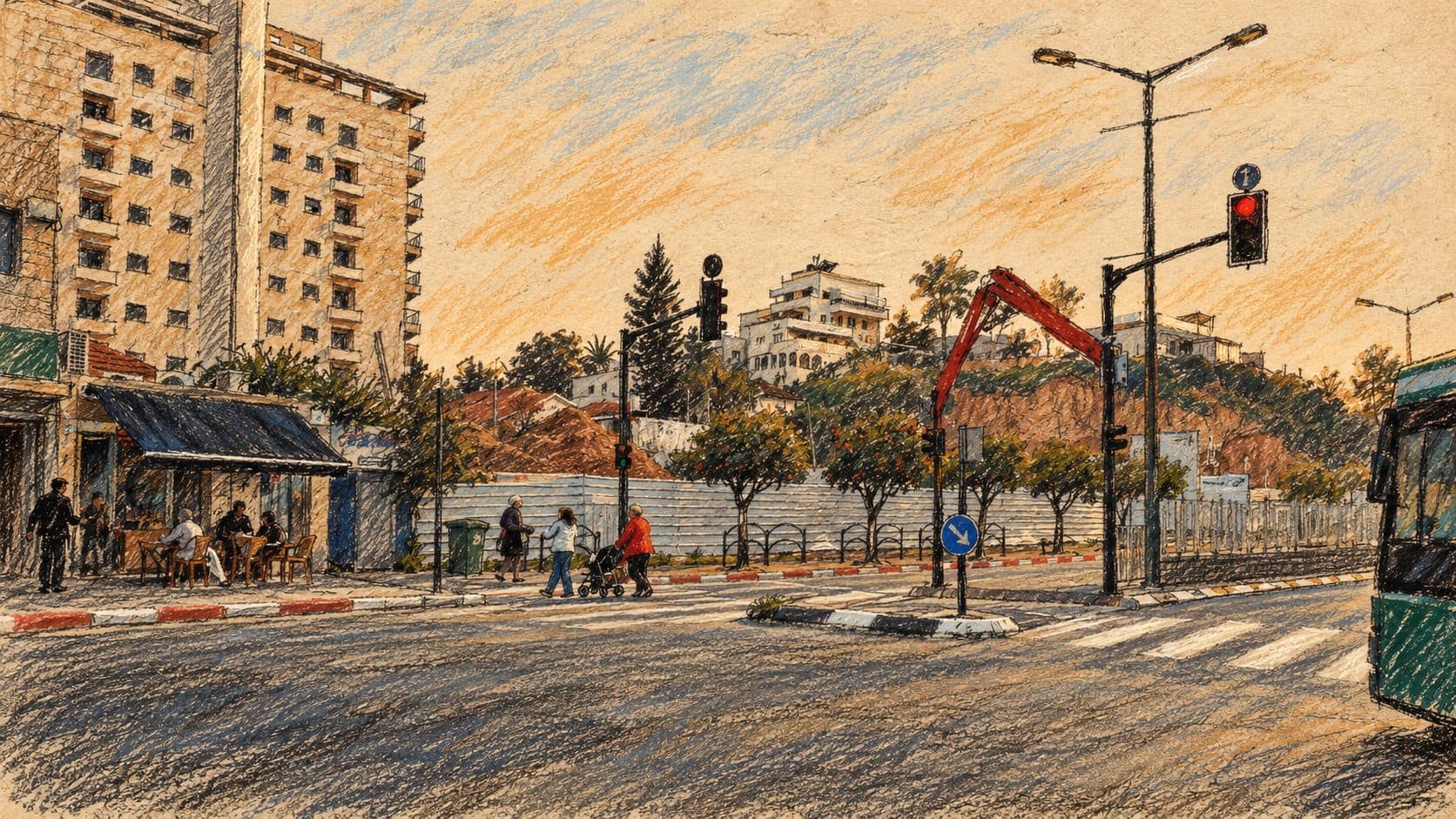 Courtroom-sketch editorial illustration of an archival January 2018 Rehovot street intersection with apartments, pedestrians, a fenced construction site and excavator; city context, not the company leadership transition or a current project.