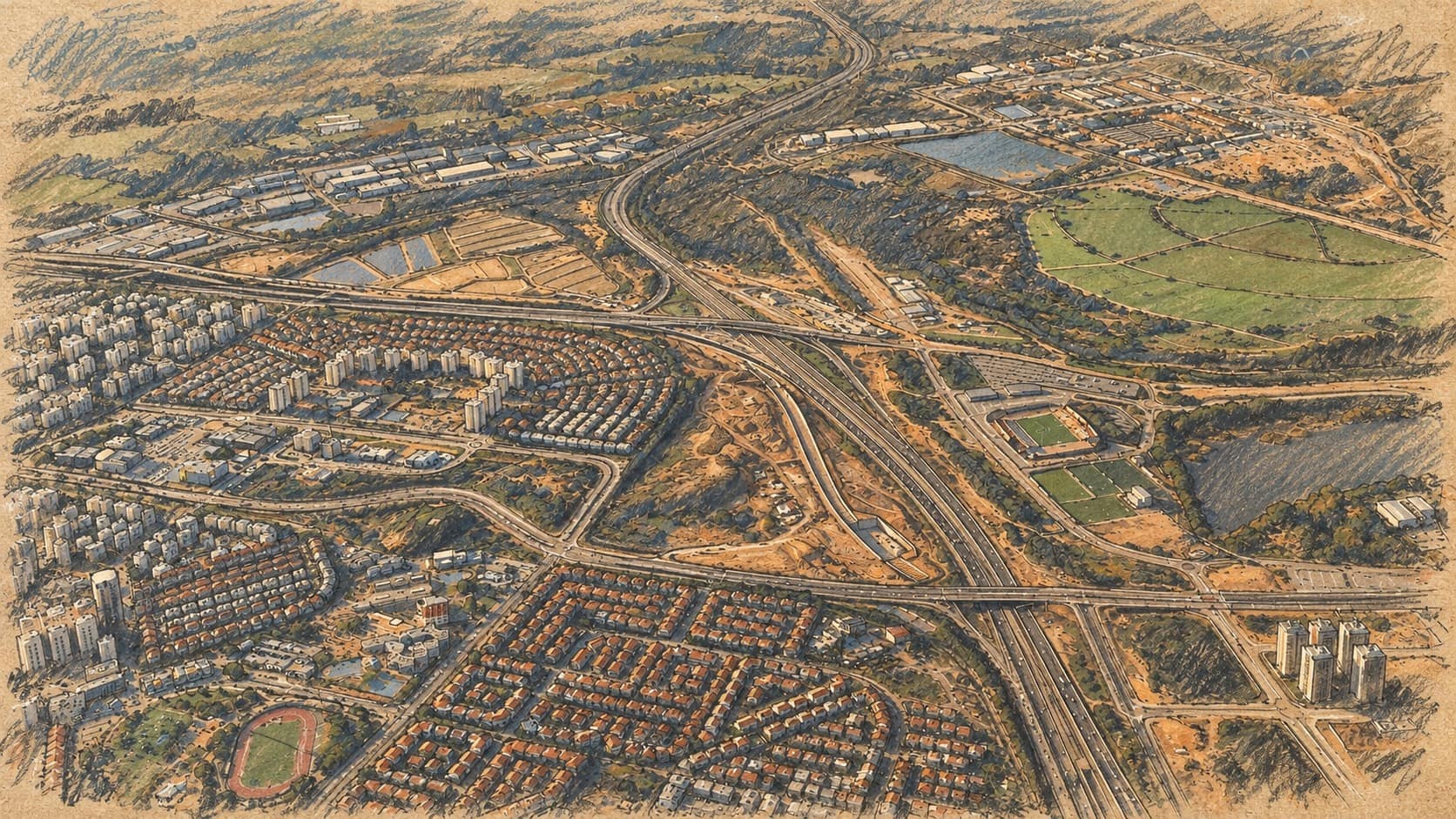 Courtroom-sketch editorial illustration of an archival aerial view of Rishon LeZion neighborhoods, roads and fields, used as geographic city context.
