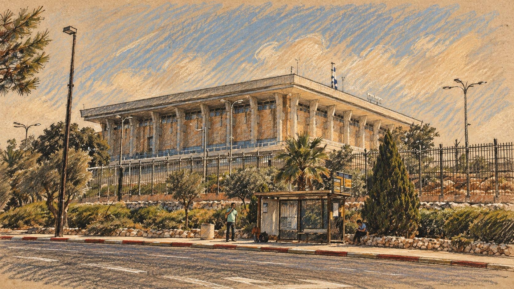 Courtroom-sketch editorial illustration of the Knesset building in Jerusalem viewed across a road with its perimeter fence, bus shelter and vegetation, based on an archival July 2018 photograph; contextual location, not the October 27 visit.