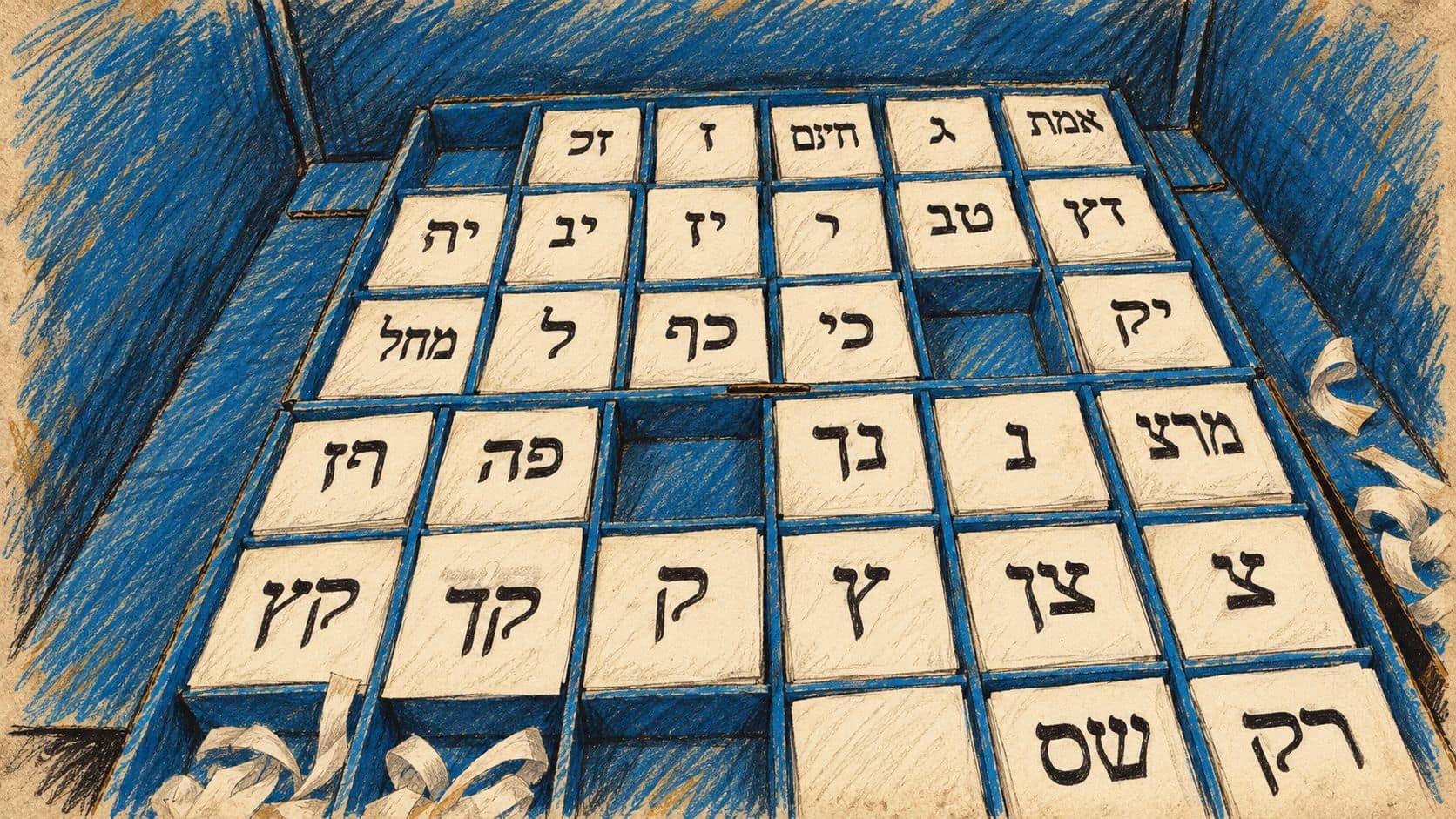 Courtroom-sketch editorial illustration of archival ballot-paper slips arranged inside a blue polling booth in Ramat Gan in September 2019; electoral context, not the October 2026 campaign meeting or polling tour.