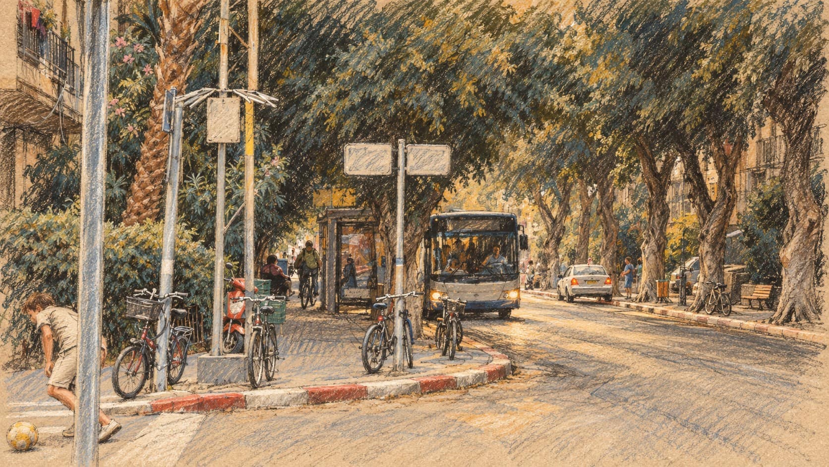 Courtroom-sketch editorial illustration of an archival tree-lined Tel Aviv street with bicycles, a bus and pedestrians, used as city context for the HaMehuga youth workshop.