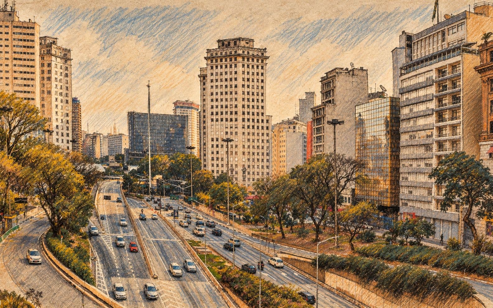 Courtroom-sketch editorial illustration of an archival view of a multi-lane avenue and downtown São Paulo towers, used as geographic context for Brazil's financial markets.