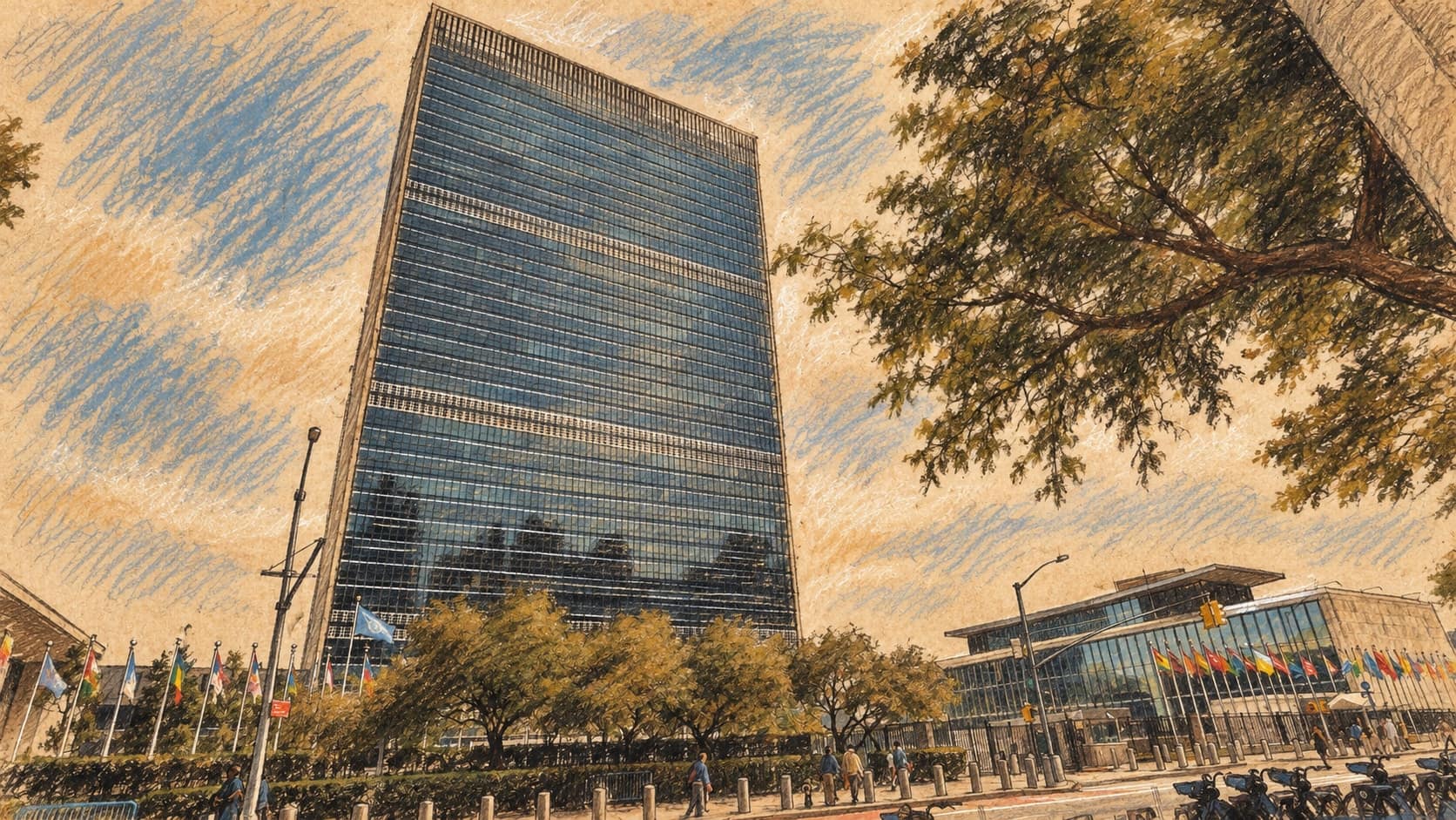 Courtroom-sketch editorial illustration of an archival June 2023 exterior of United Nations headquarters in New York, with the glass Secretariat tower, lower conference building, flags and trees; institutional context, not a depiction of the October 2026 Cuba embargo debate, rendered in warm ochre and slate-blue pastel strokes.