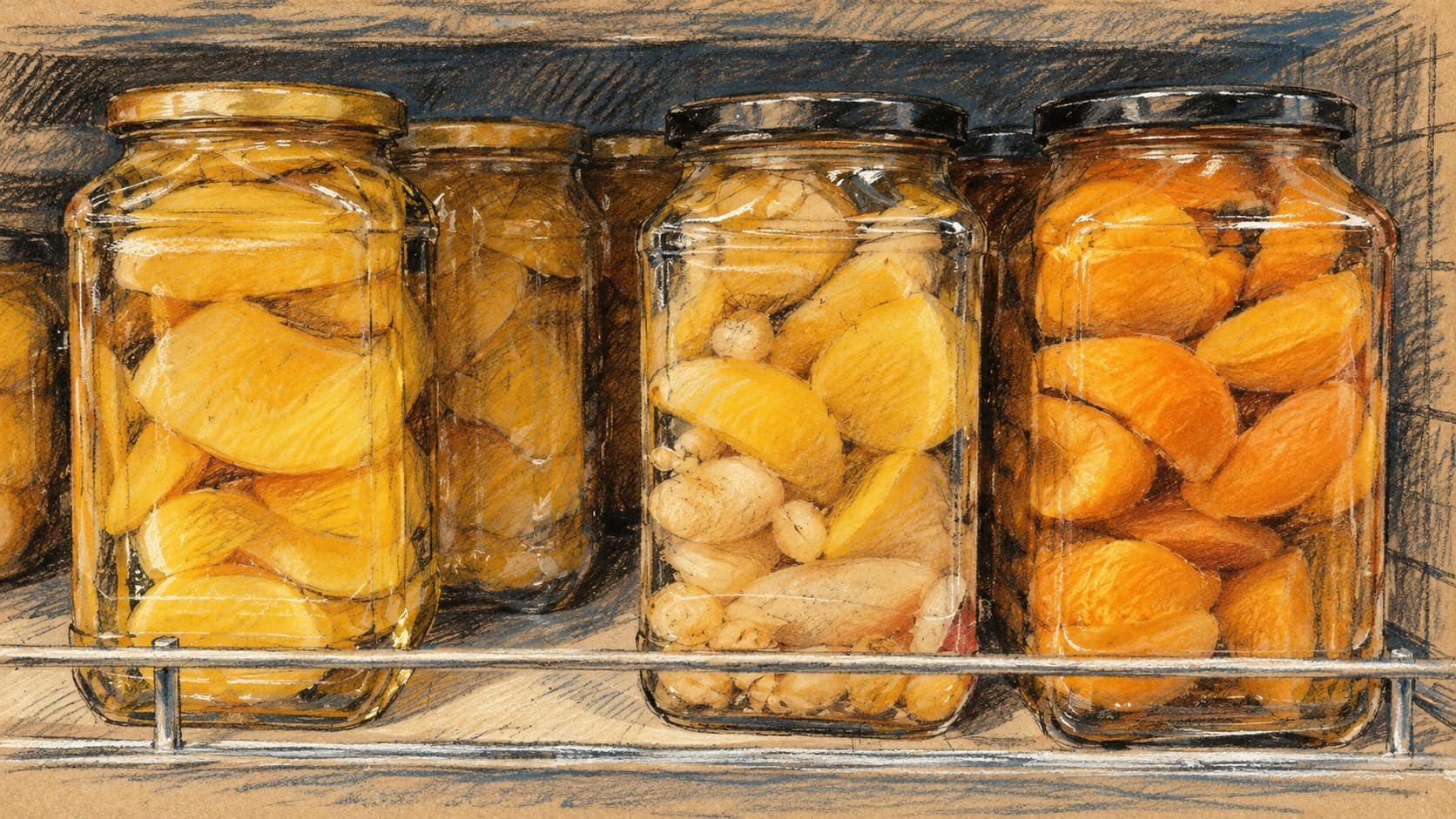 Courtroom-sketch editorial illustration of jars of preserved fruit on a grocery shelf, used as general food-retail context.