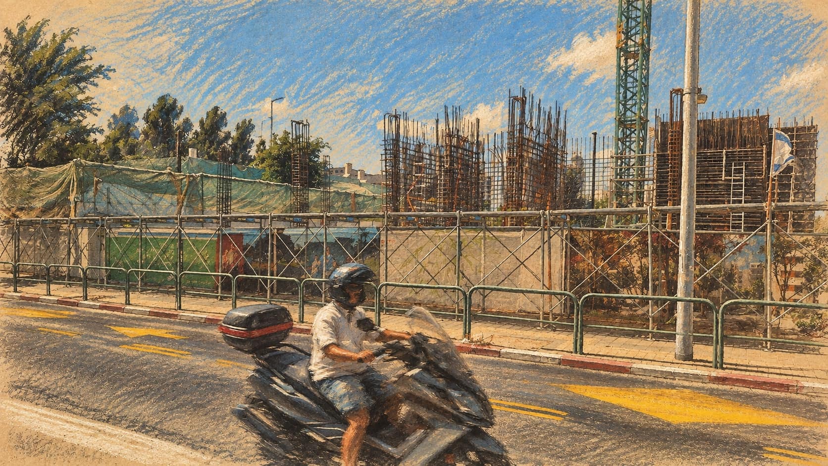Courtroom-sketch editorial illustration of an archival Tel Aviv construction site with rebar columns, a crane and a passing motorcyclist; contextual real-estate image, not an Acro or Israel Canada project or a completed merger.