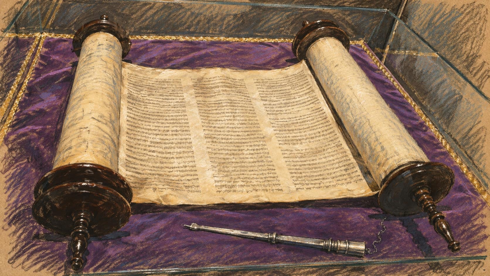 Courtroom-sketch editorial illustration of an archival Torah scroll and silver pointer, providing context for a Torah-study music project.