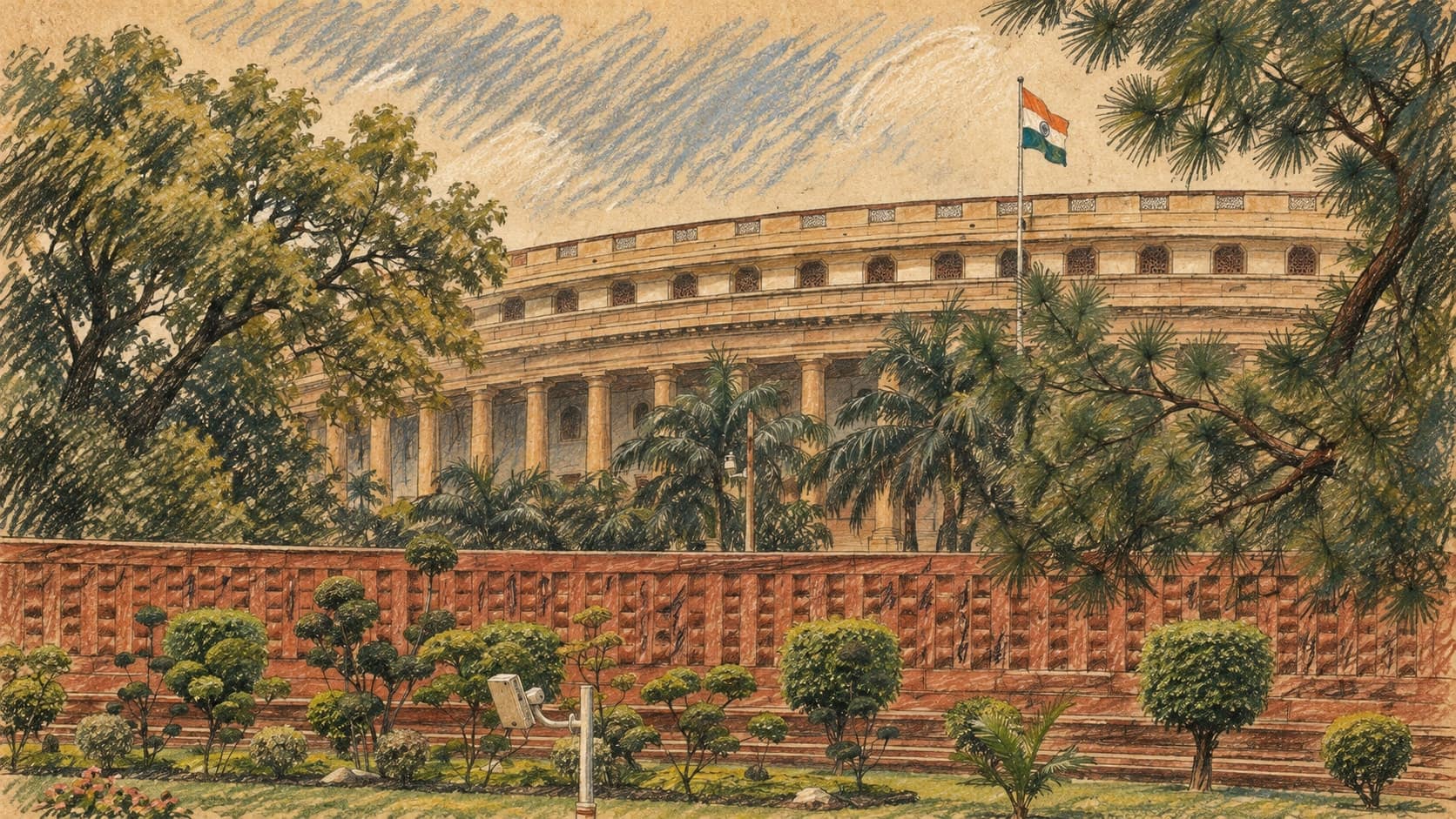 Courtroom-sketch editorial illustration of an archival 2008 view of India’s former parliament building in New Delhi, behind a red boundary wall, gardens and trees; context for Indian electoral politics, not a depiction of the announced November 1 rally, rendered in warm ochre and slate-blue pastel strokes.