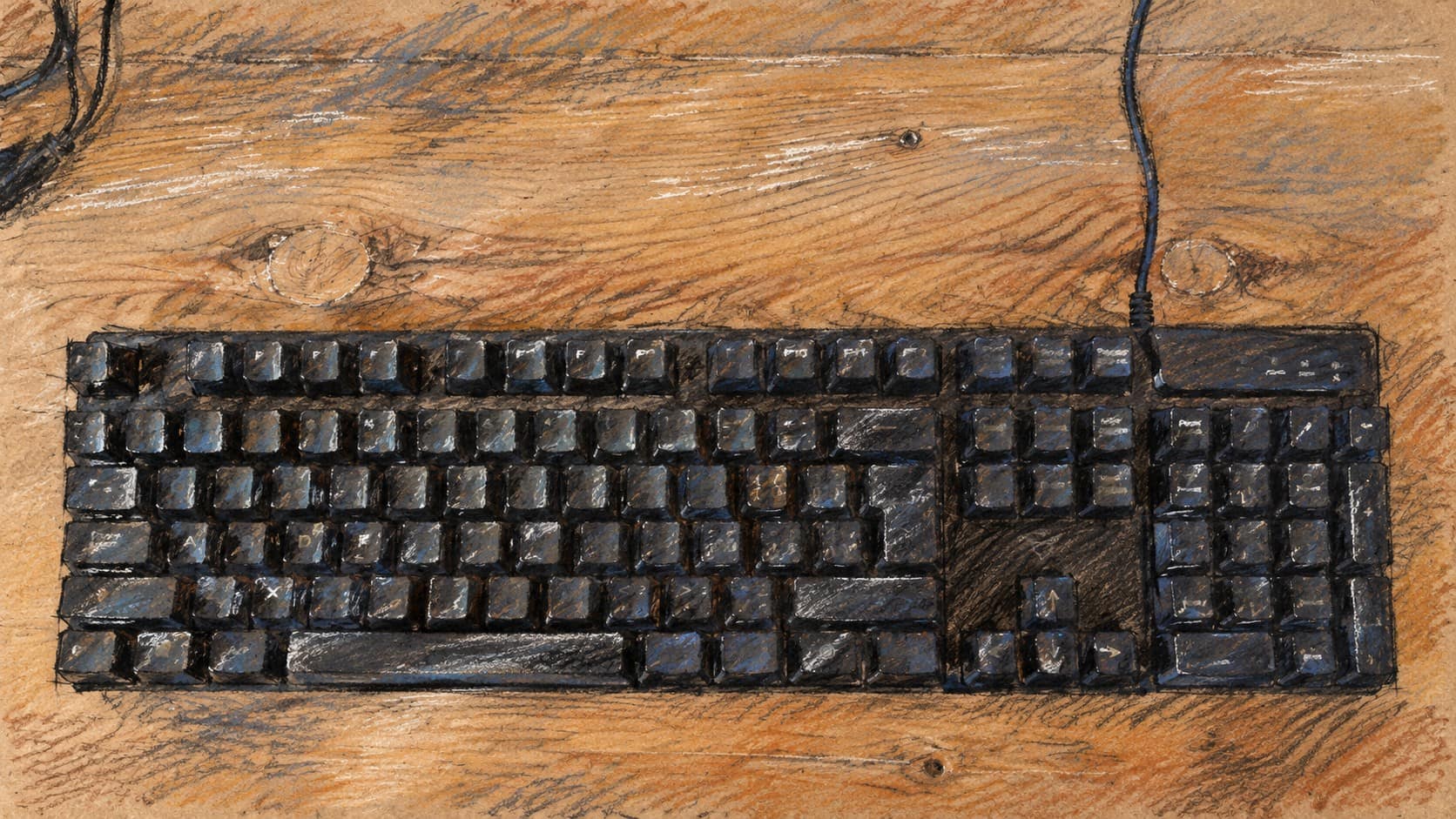 Courtroom-sketch editorial illustration of an archival black wired computer keyboard on a wooden desk, providing computing context for fake-account research; no people are depicted.
