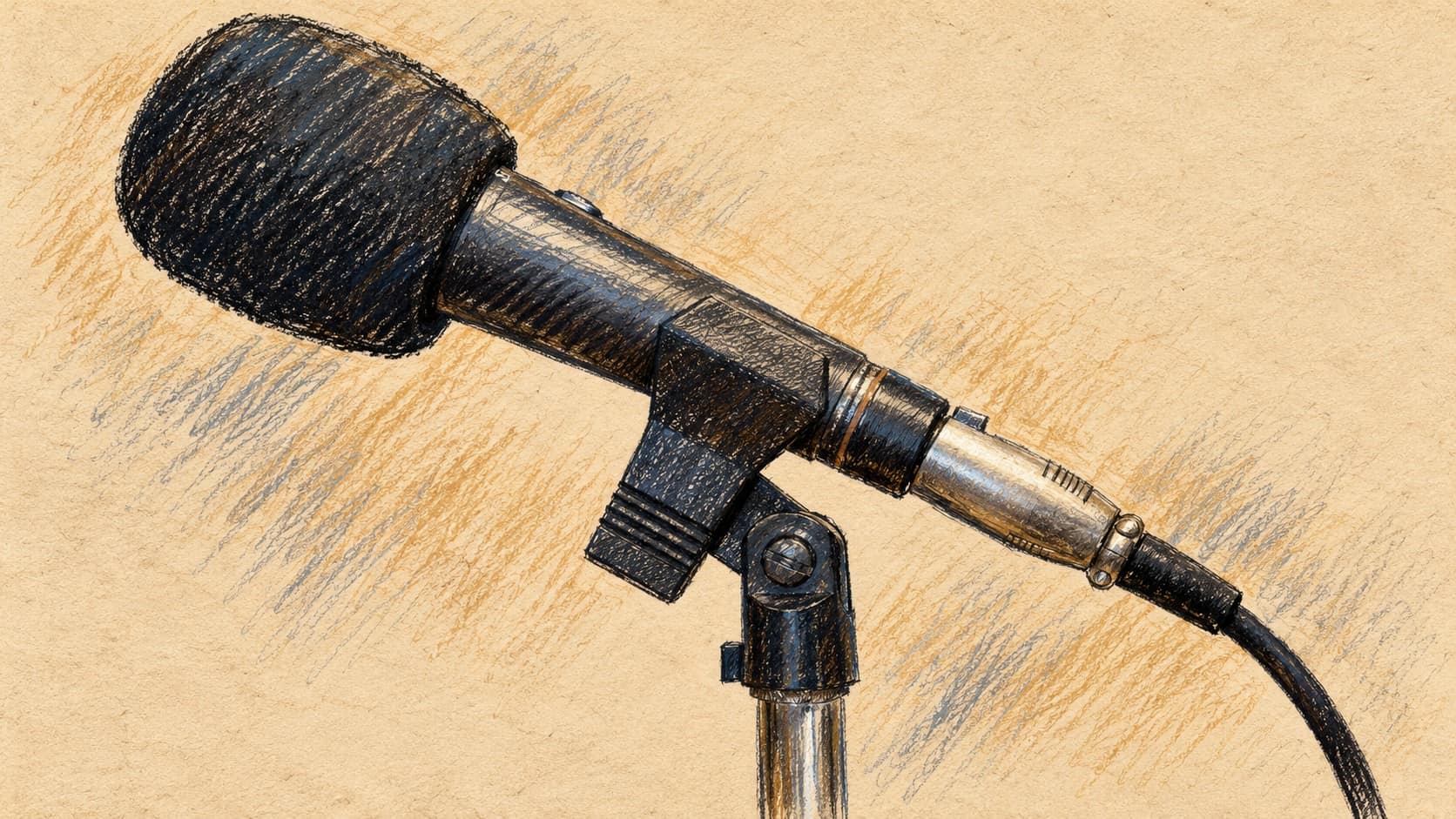 Courtroom-sketch editorial illustration of a studio microphone with a foam windscreen on a stand; contextual artwork that does not depict Eli Luzon or The Masked Singer reveal.