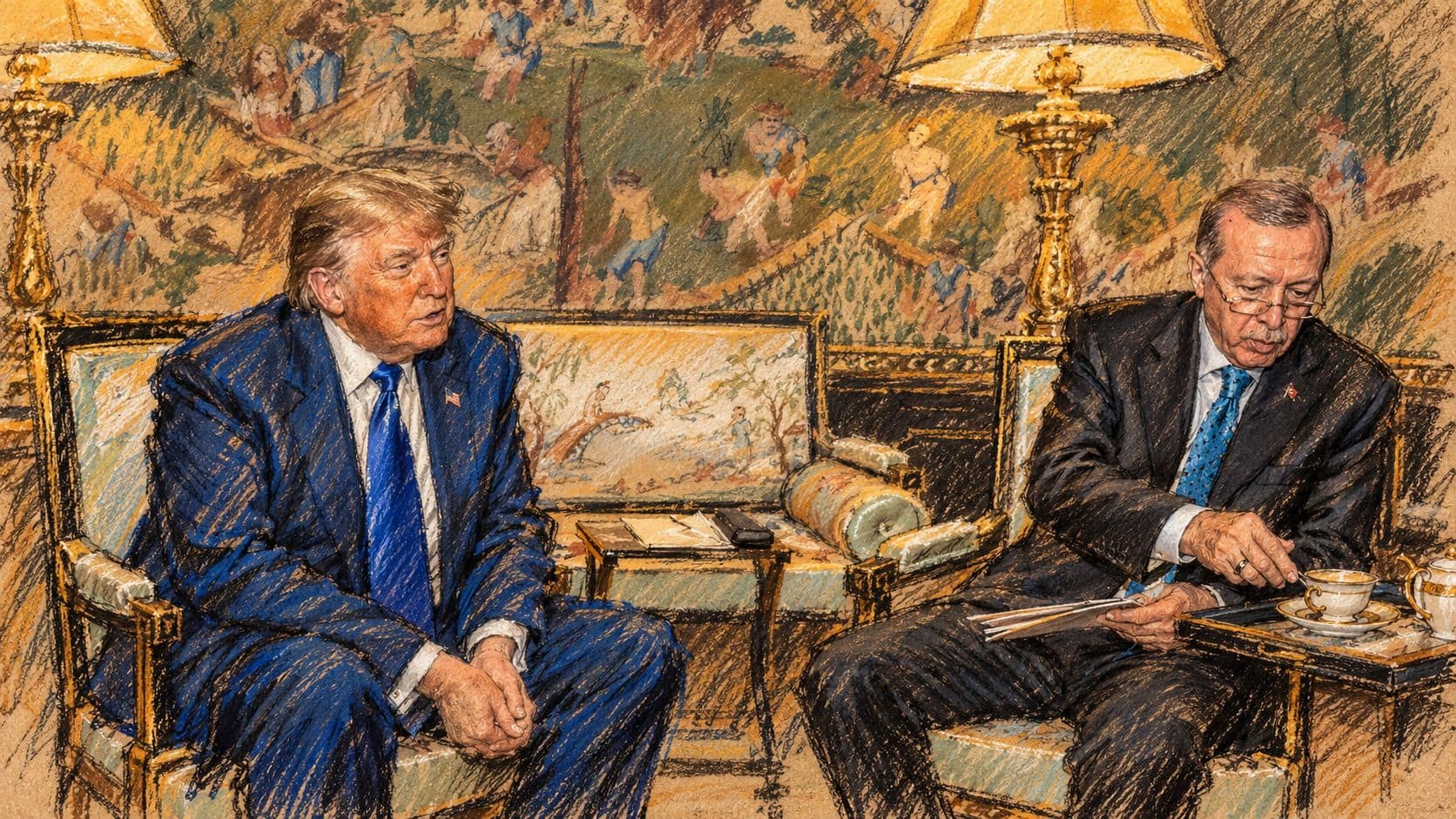 Courtroom-sketch editorial illustration of Donald Trump and Recep Tayyip Erdogan seated during their June 24, 2025 meeting in The Hague, used as archival diplomatic context; it does not depict the October 28 telephone call.