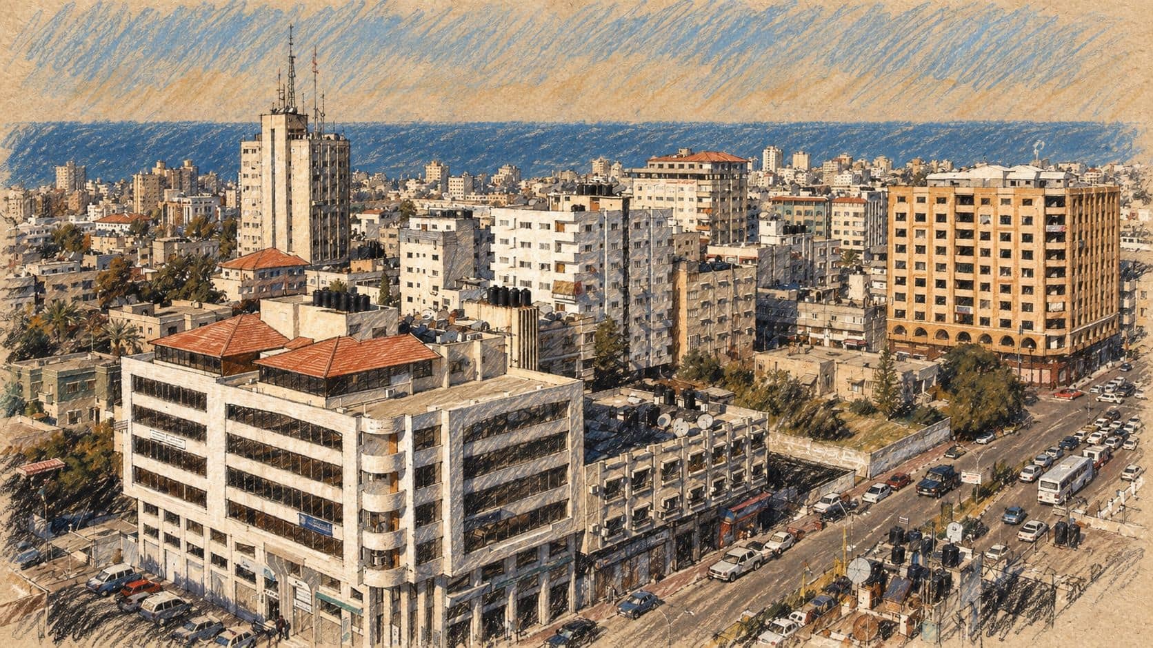 Courtroom-sketch editorial illustration of an archival 2007 Gaza City panorama with buildings, a street and the Mediterranean Sea; contextual view, not the reported strikes