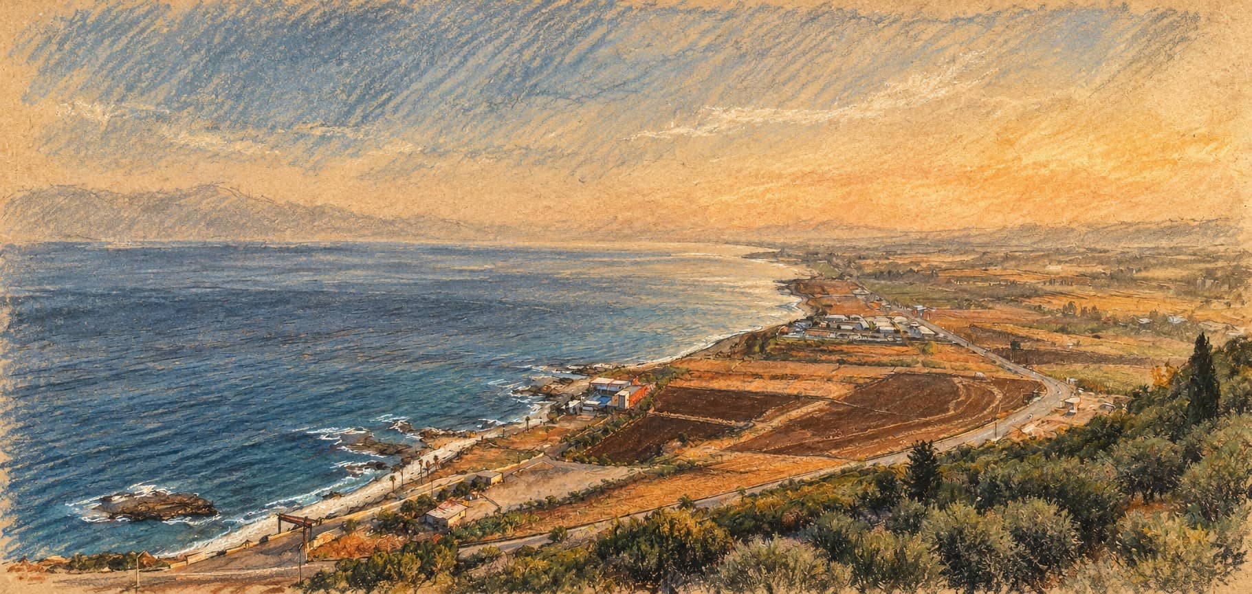 Courtroom-sketch editorial illustration of an archival southern Lebanon coastal landscape seen from Ras el-Bayyada, with sea, fields and a winding road; geographic context for the report.