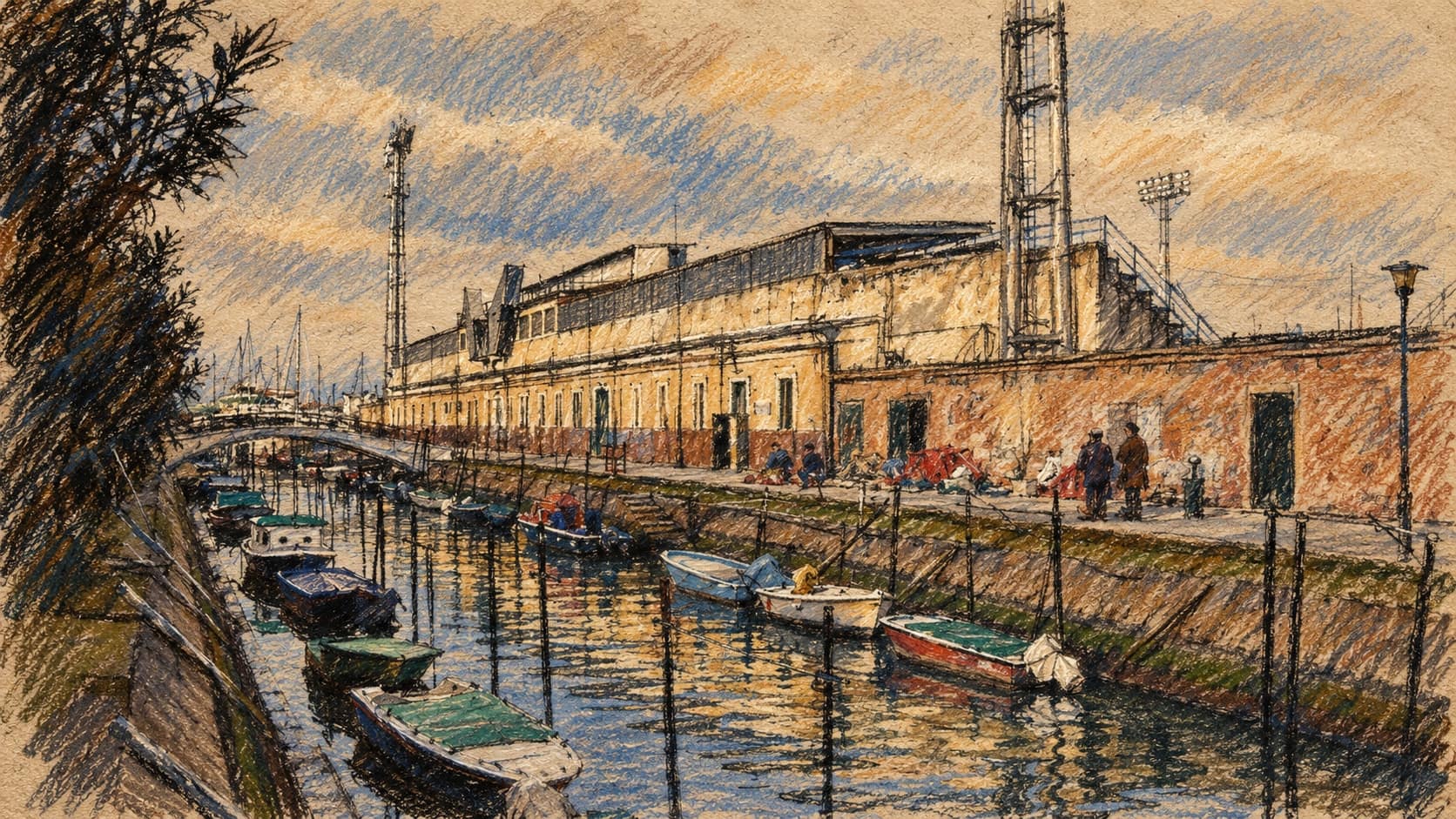 Courtroom-sketch editorial illustration of an archival February 2006 exterior view of Stadio Pierluigi Penzo in Venice, with moored boats on the canal, stadium stands and floodlight towers; venue context, not a depiction of the October 2026 match, rendered in warm ochre and slate-blue pastel strokes.