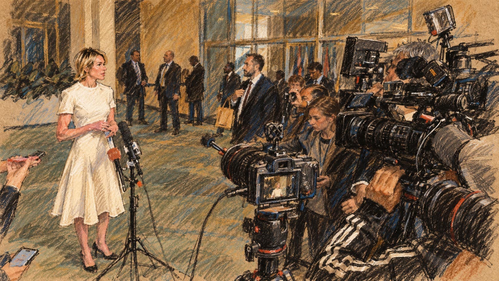 Courtroom-sketch editorial illustration of an archival 2019 press scrum with U.S. Ambassador Kelly Craft after a UN General Assembly vote on the Cuba embargo resolution; this does not depict the 2026 vote.