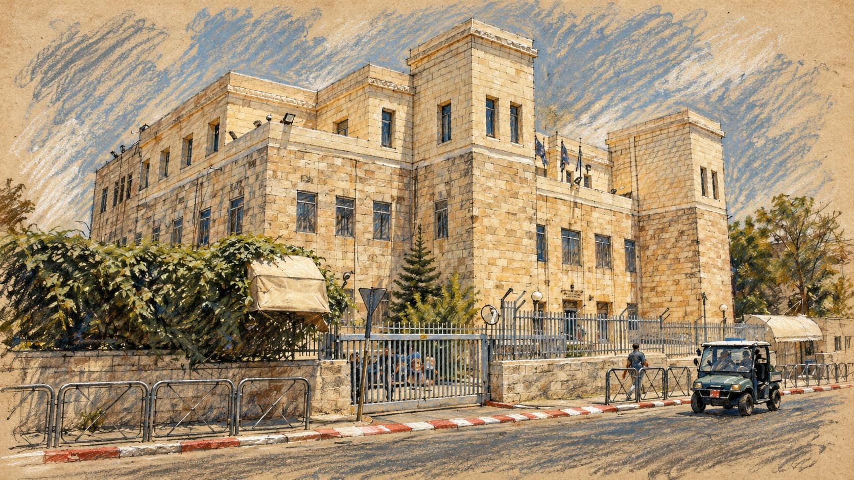 Courtroom-sketch editorial illustration of an archival 2007 exterior view of Jerusalem District Court; contextual building view, not the current hearing.