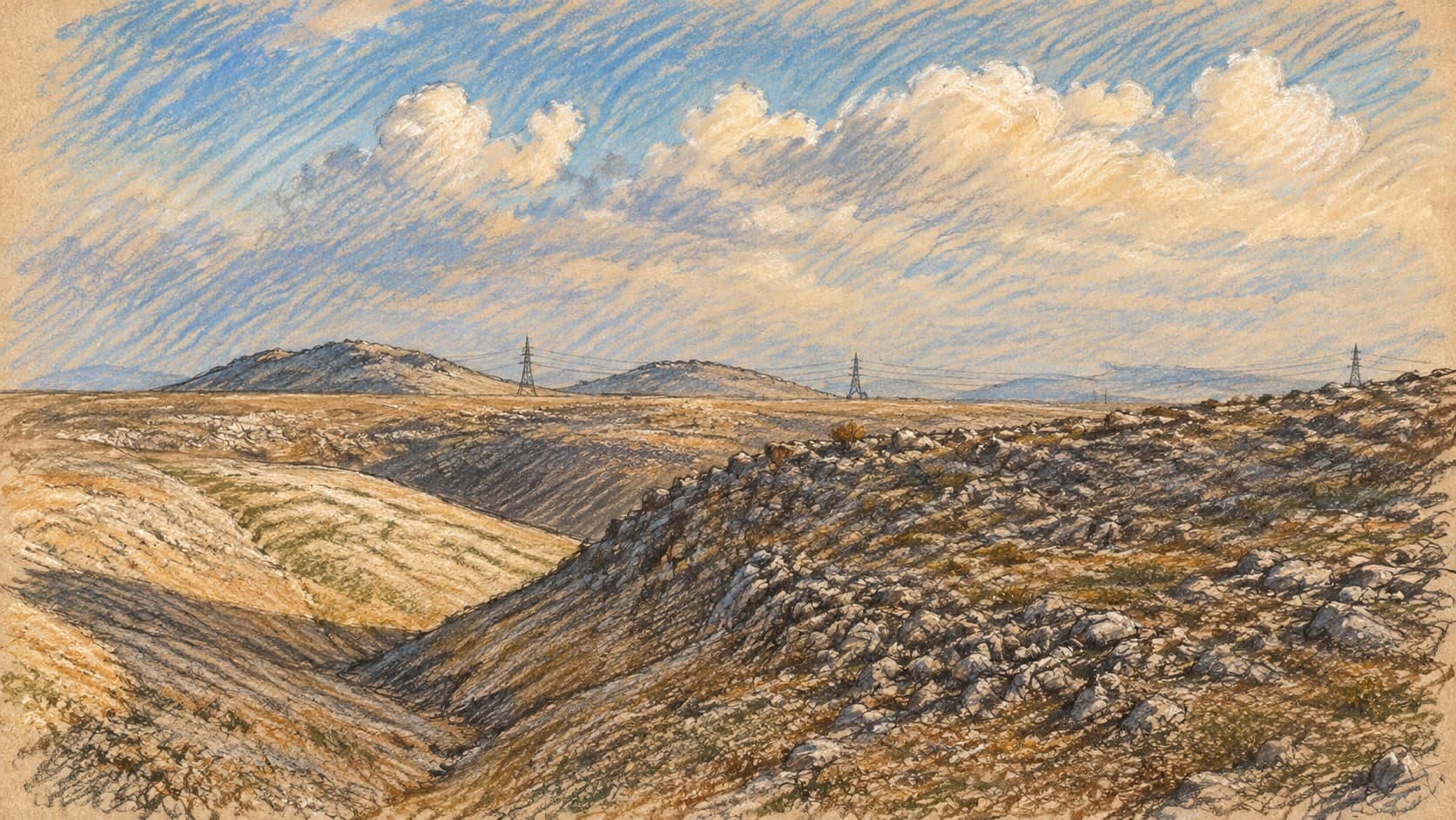 Courtroom-sketch editorial illustration of an archival Upper Galilee landscape, with rocky rolling hills, an empty valley and clouds above distant ridges; geographic context for the northern council warning.