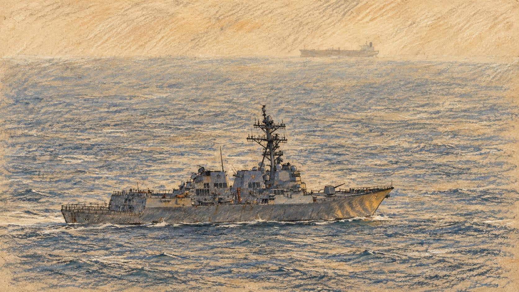 Courtroom-sketch editorial illustration of USS Rafael Peralta on an archival April 2026 Arabian Sea patrol, with a distant commercial ship on the horizon