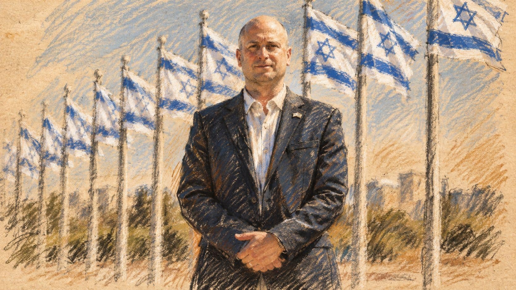 Courtroom-sketch editorial illustration of an archival portrait of MK Yitzhak Kroizer standing before Israeli flags; contextual portrait, not the alleged events or an inquiry