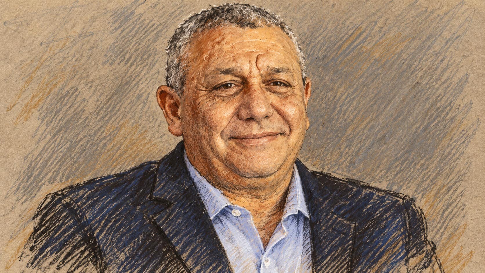 Courtroom-sketch editorial illustration of Gadi Eisenkot in a dark jacket and open-collar shirt, based on an archival February 2024 portrait; it does not depict the reported coalition discussions.