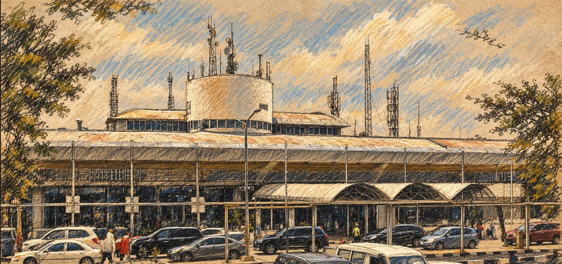 Courtroom-sketch editorial illustration of a contextual September 2026 view of Nnamdi Azikiwe International Airport in Abuja, with its circular terminal roof, antenna towers, vehicles and people at the entrance, rather than the newly approved disease surveillance system, rendered in warm ochre and slate-blue pastel strokes.