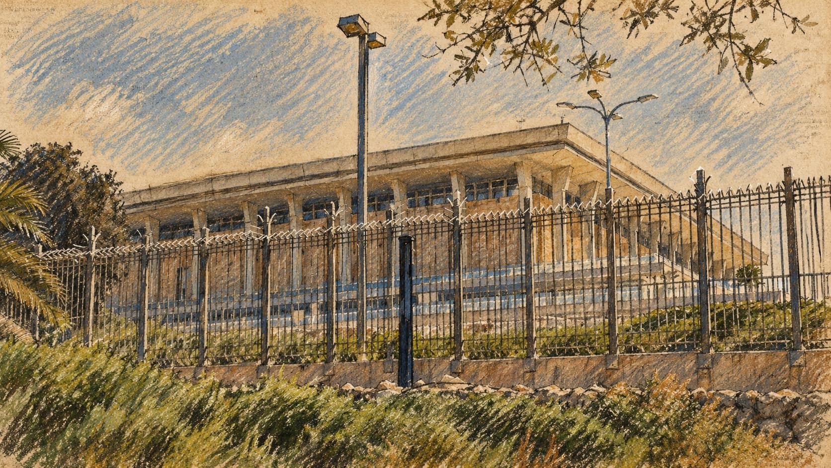 Courtroom-sketch editorial illustration of an archival view of the Knesset building in Jerusalem behind its iron fence, with shrubs and lamp posts.