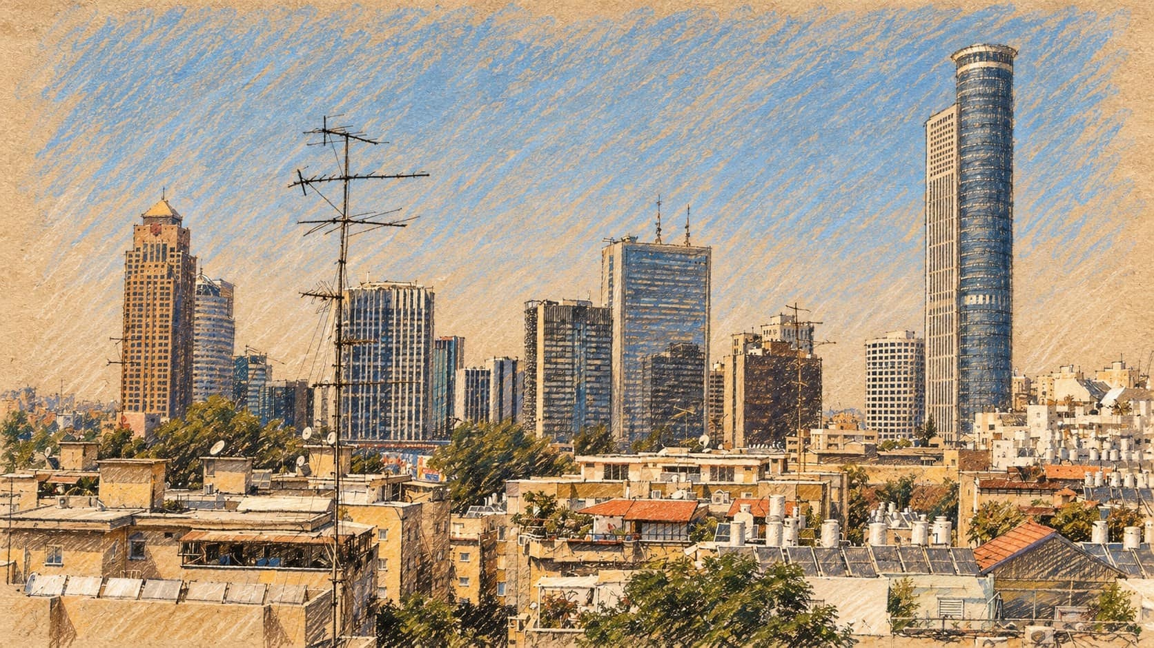 Courtroom-sketch editorial illustration of the archival Ramat Gan financial district skyline, used as regional financial context