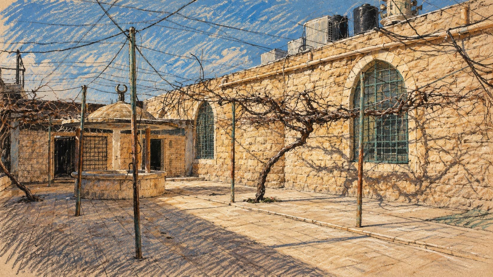 Courtroom-sketch editorial illustration of an archival 2012 stone courtyard and arched windows in Yatta, providing location context for the town; this view does not depict the suspect or arrest.