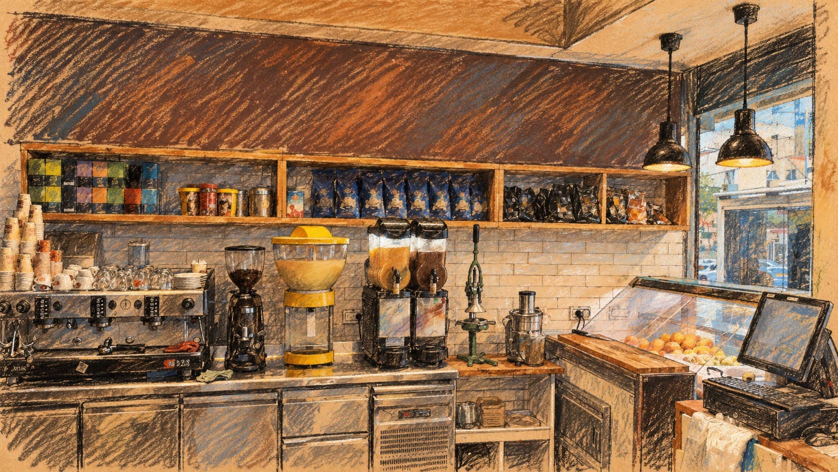 Courtroom-sketch editorial illustration of an archival café interior in Rehovot, used as city context; it does not depict the community center or the NLP course.