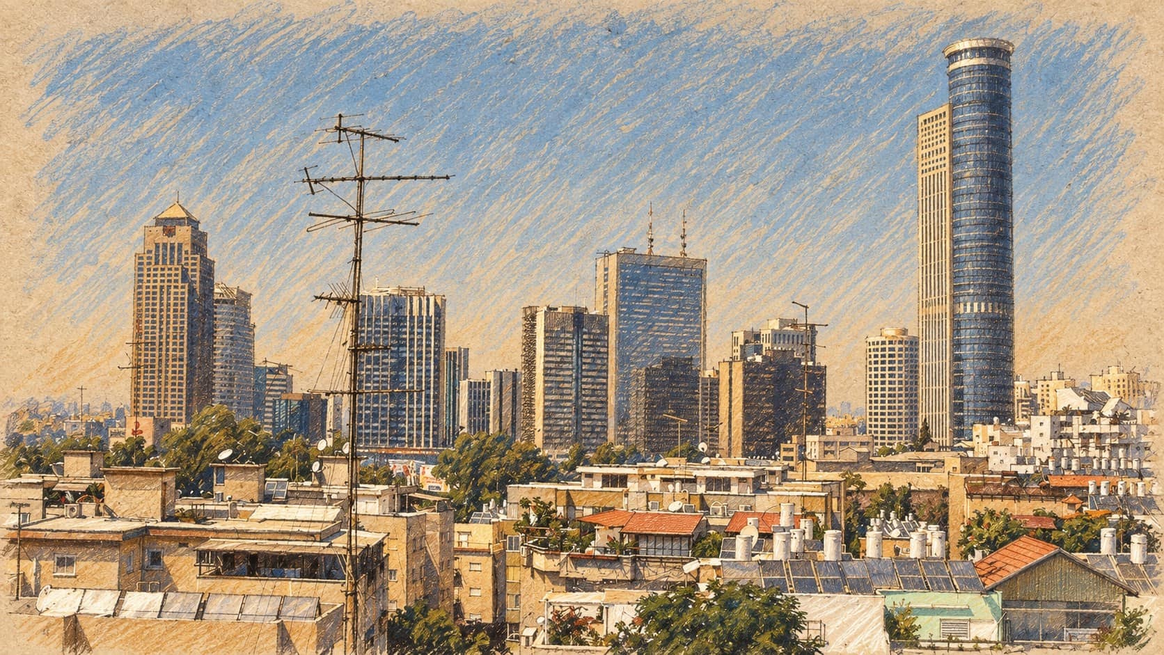 Courtroom-sketch editorial illustration of an archival Ramat Gan skyline, with office towers and residential rooftops, providing metropolitan business context for Tel Aviv-based Sunflower.