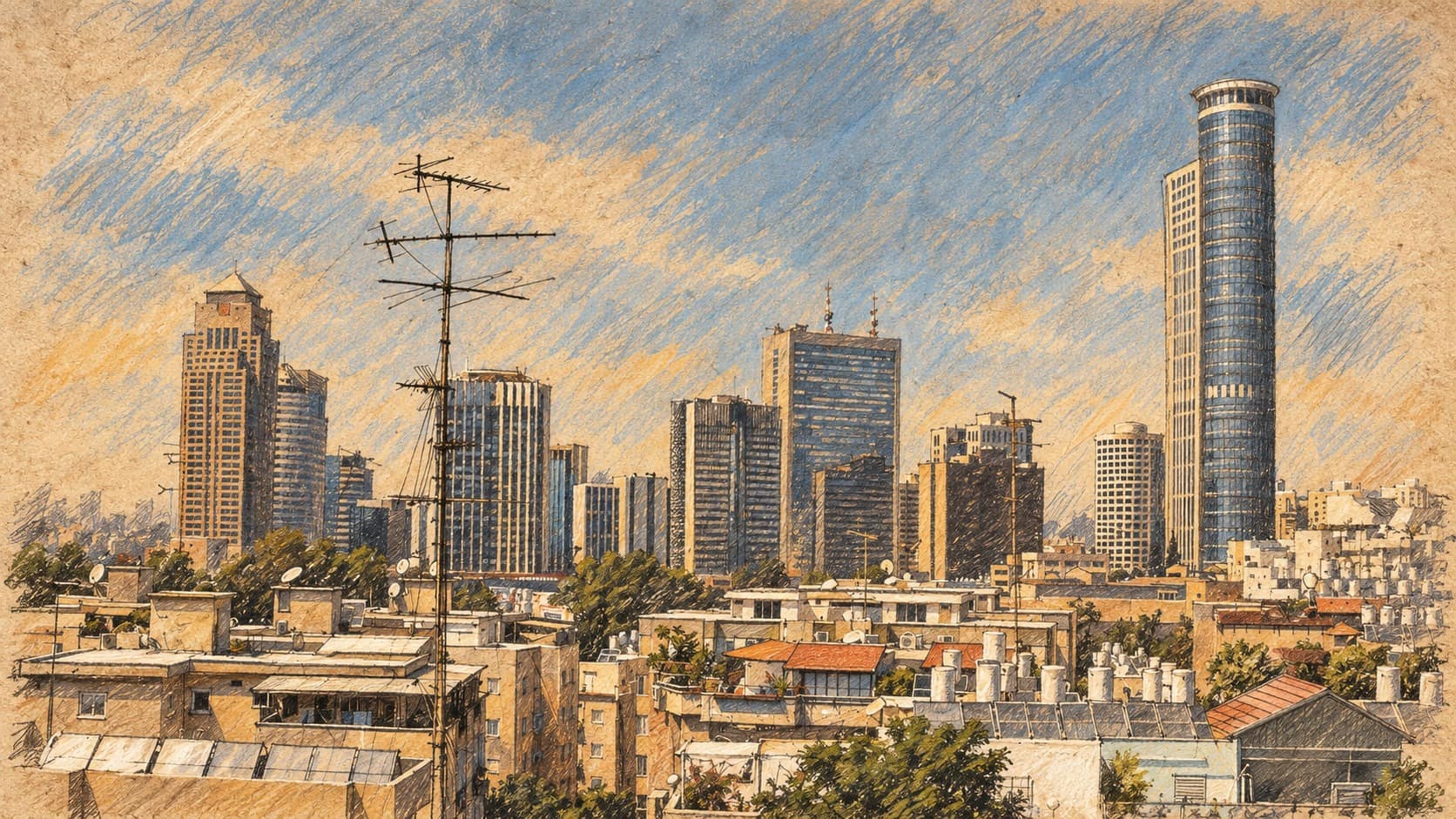 Courtroom-sketch editorial illustration of an archival Ramat Gan office skyline with towers, rooftop antenna and low-rise buildings, providing metropolitan business context for the Tel Aviv stock-market report.