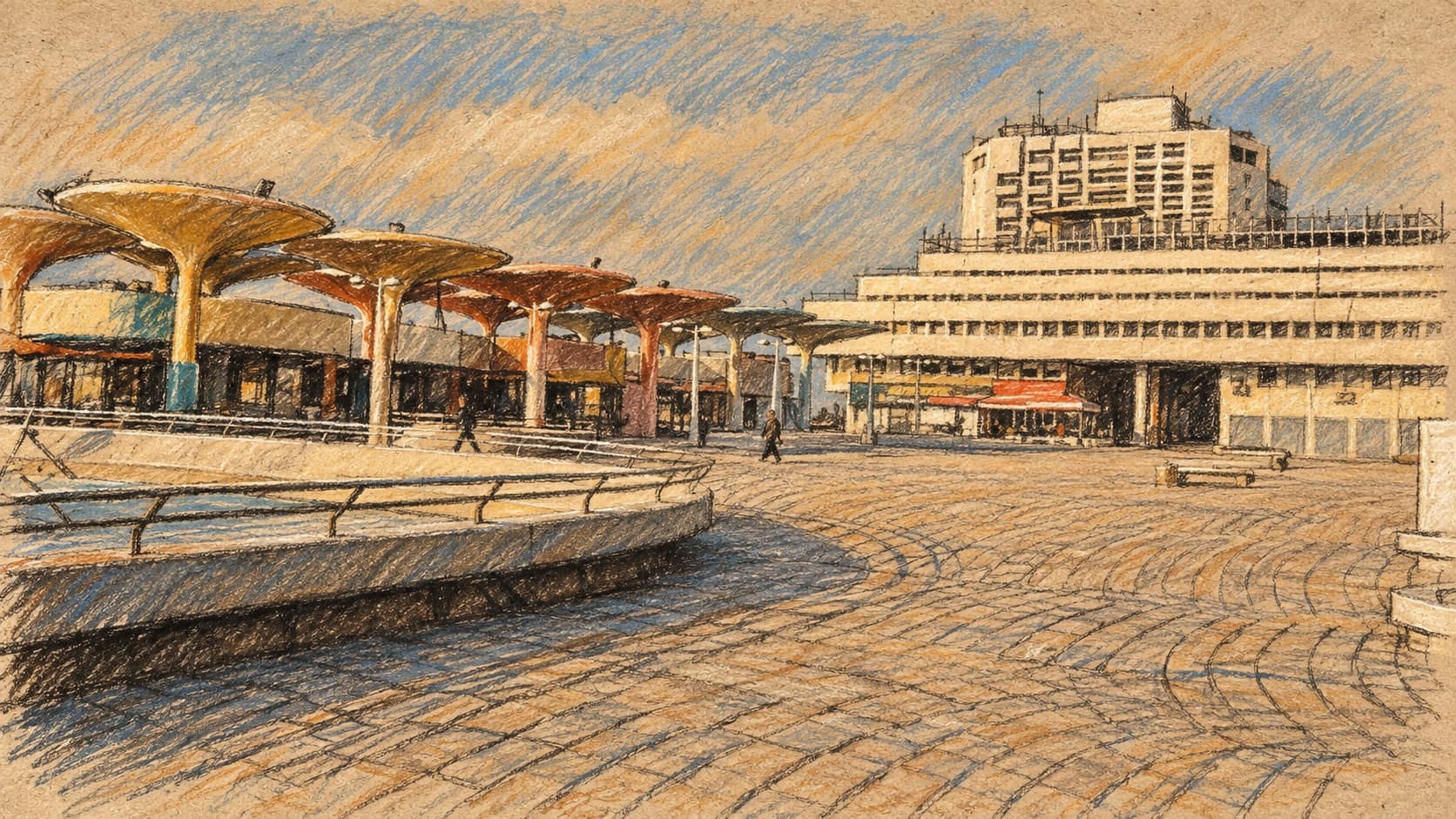 Courtroom-sketch editorial illustration of an archival 2006 view of Atarim Square in Tel Aviv, with its paved plaza, canopy columns and existing buildings; location context for the planning decision.