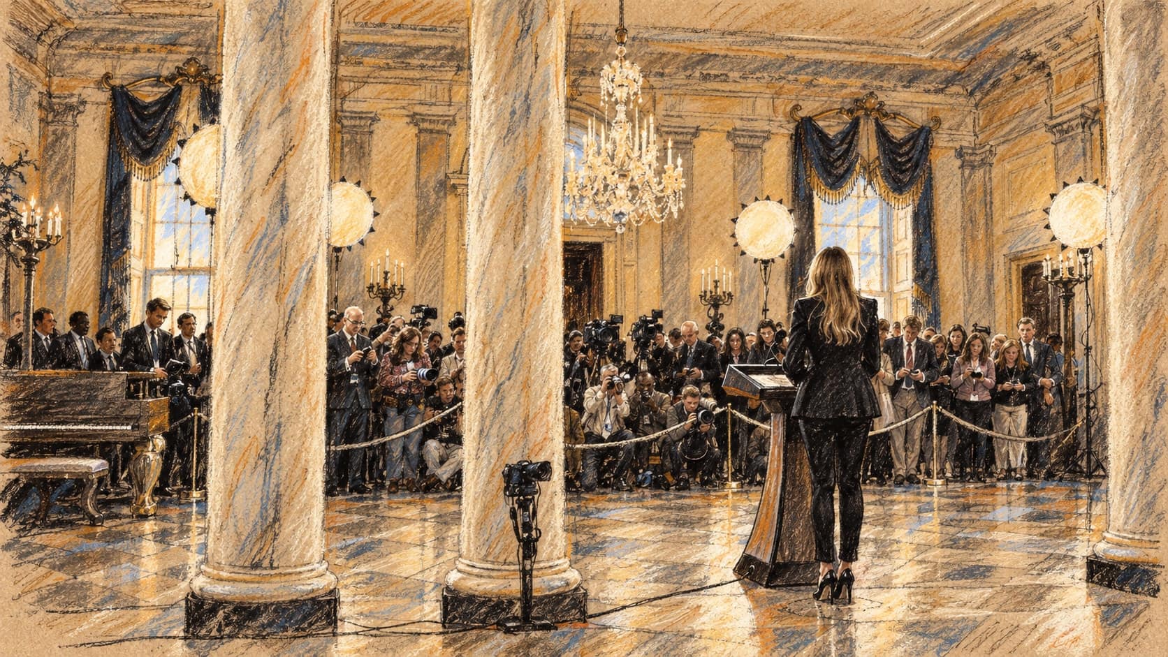 Courtroom-sketch editorial illustration of an archival October 2025 rear view of Melania Trump addressing journalists in the White House Grand Foyer, framed by marble columns and a chandelier; context for her humanitarian diplomacy, not a depiction of the Oleshky ceasefire or an aid delivery, rendered in warm ochre and slate-blue pastel strokes.