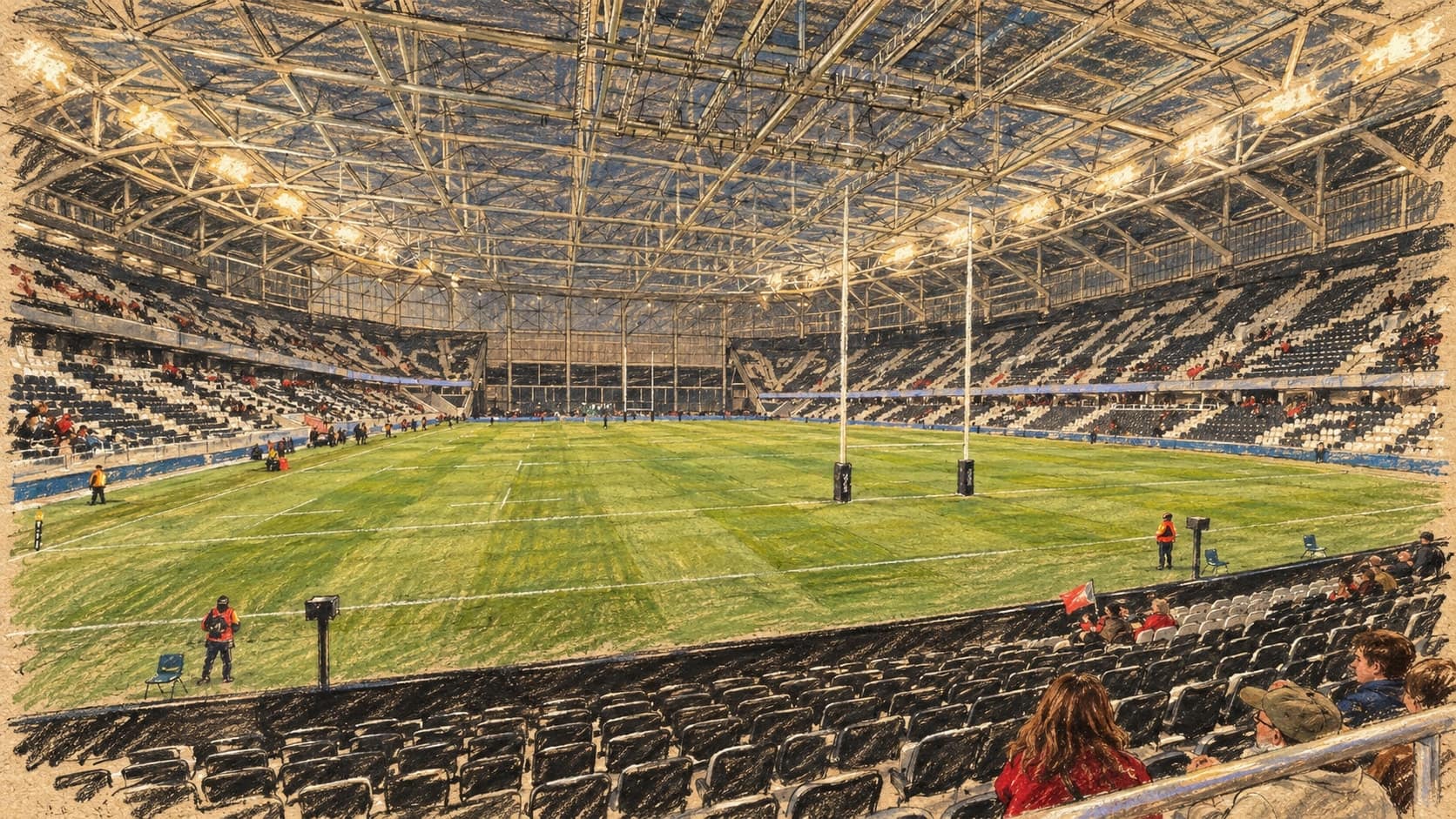 Courtroom-sketch editorial illustration of an archival April 2026 view inside Christchurch’s covered Te Kaha stadium, with rugby pitch, roof trusses and scattered spectators, rendered in warm ochre and slate-blue pastel strokes.