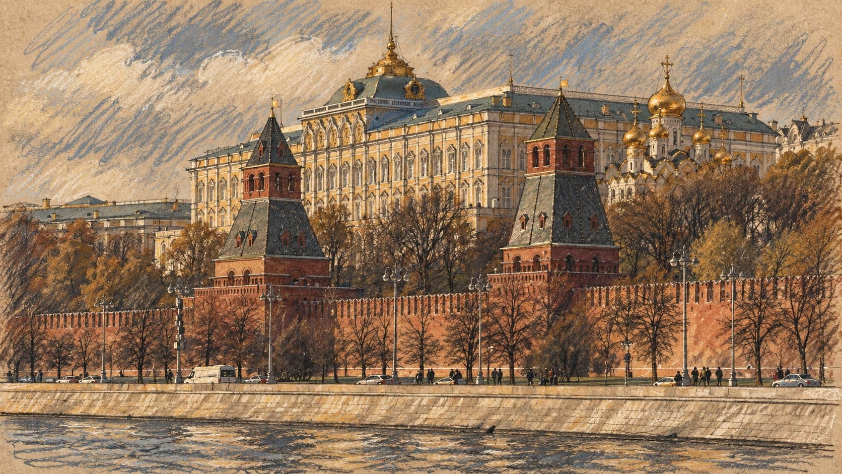 Courtroom-sketch editorial illustration of an archival November 2025 exterior view of the Grand Kremlin Palace behind red-brick Kremlin towers and the Moscow River embankment; summit-venue context rather than a depiction of the October 2026 meeting, rendered in warm ochre and slate-blue pastel strokes.