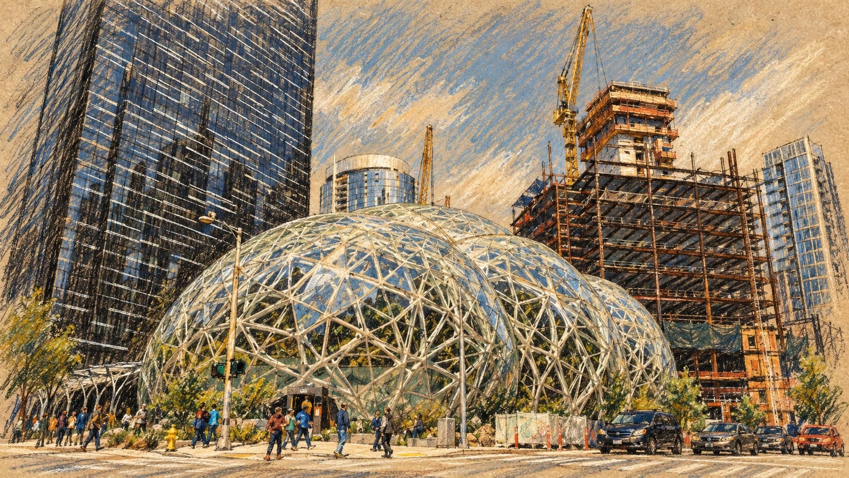 Courtroom-sketch editorial illustration of an archival May 2018 street view of Amazon’s glass Spheres at its Seattle headquarters, with an office tower, construction cranes, pedestrians and cars; corporate campus context, not the October 2026 earnings announcement, rendered in warm ochre and slate-blue pastel strokes.