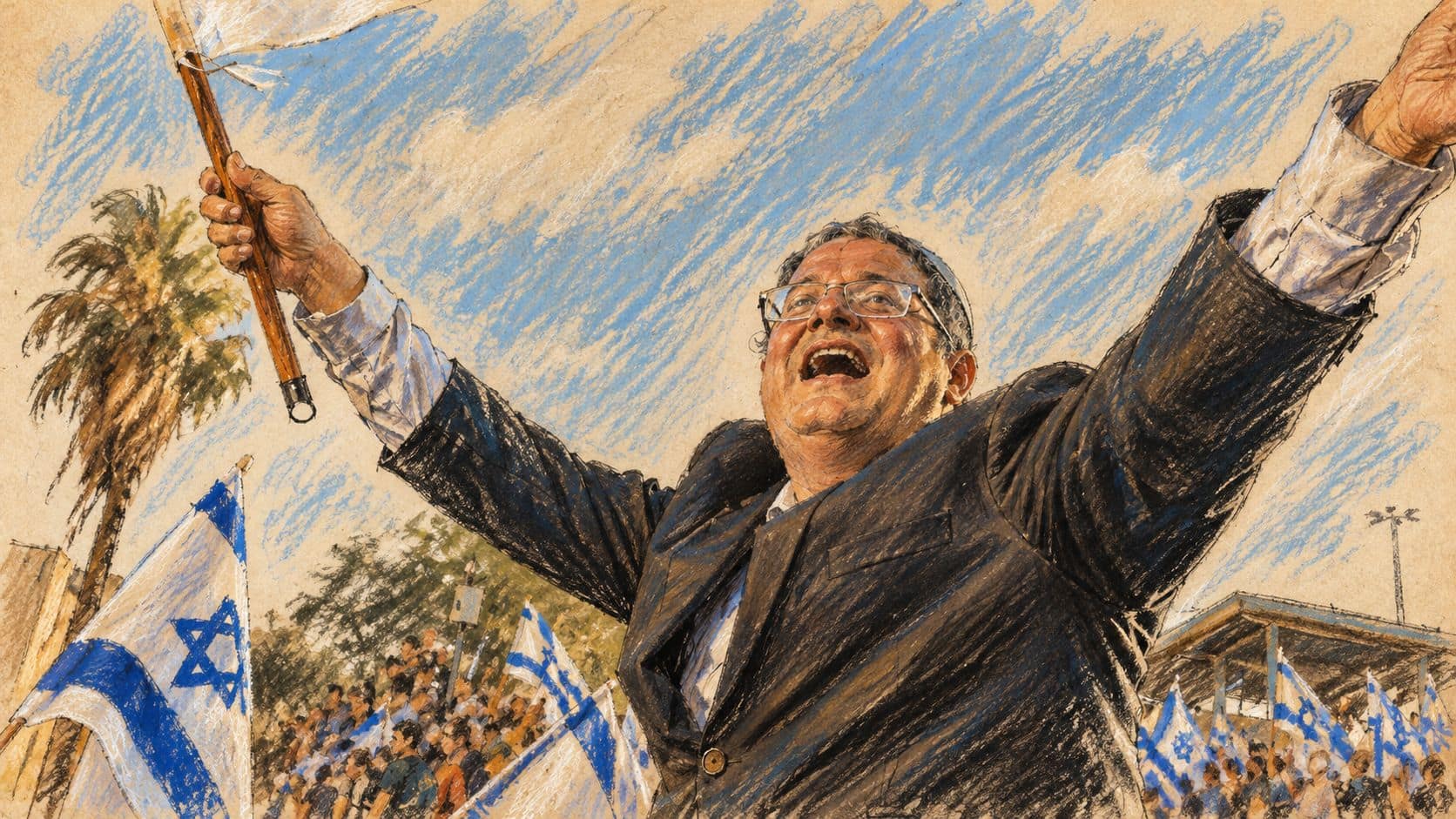 Courtroom-sketch editorial illustration of Itamar Ben Gvir raising his arms beside Israeli flags at the June 2021 Jerusalem flag march; archival context, not a depiction of his October 2026 statement.