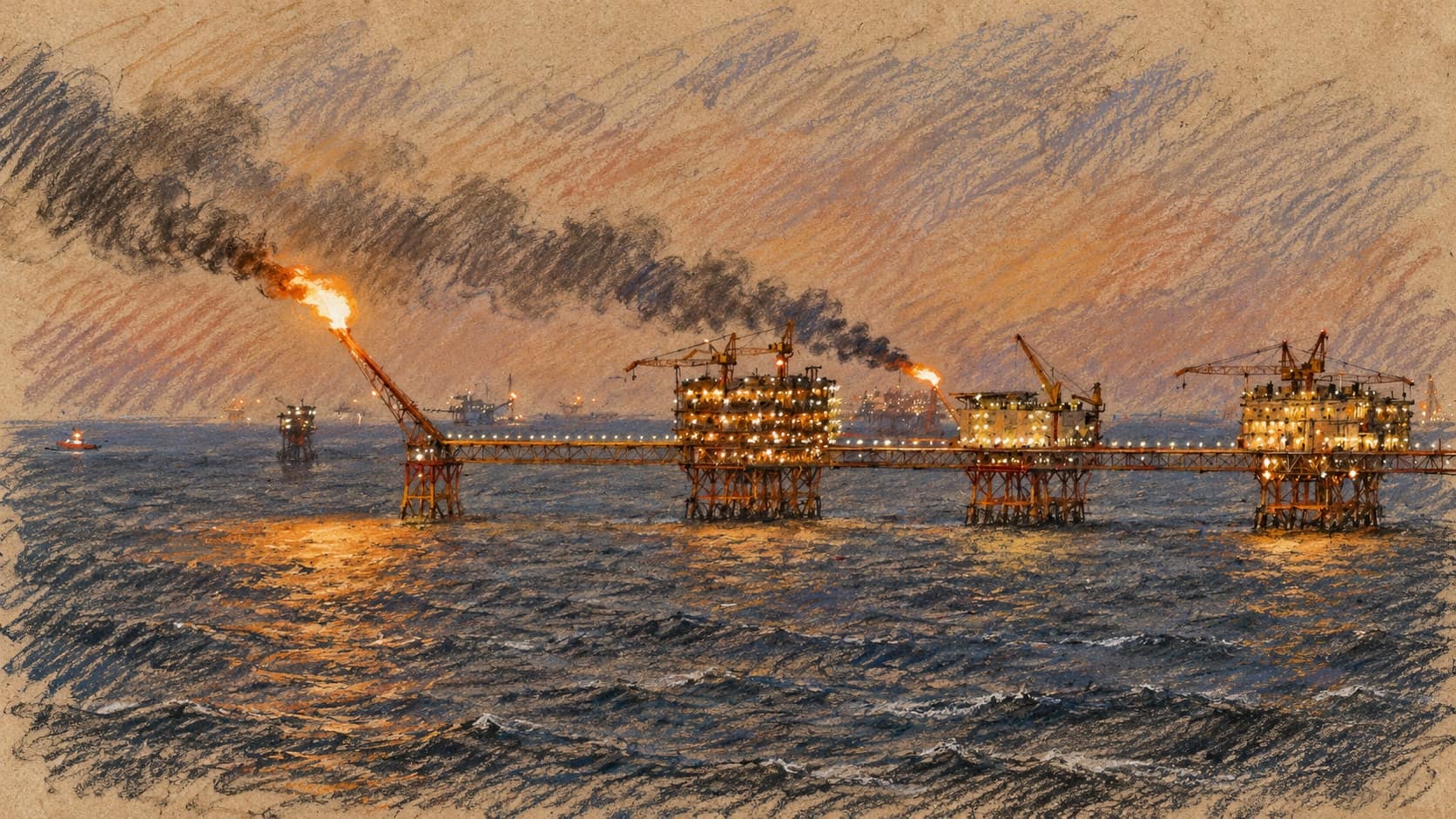 Courtroom-sketch editorial illustration of an archival 2004 oil-platform complex off Vung Tau, Vietnam, with illuminated linked platforms and routine operational gas flares at dusk; offshore-energy context, not Prospector 5, Gabon, the sinking or the recovery operation, rendered in warm ochre and slate-blue pastel strokes.