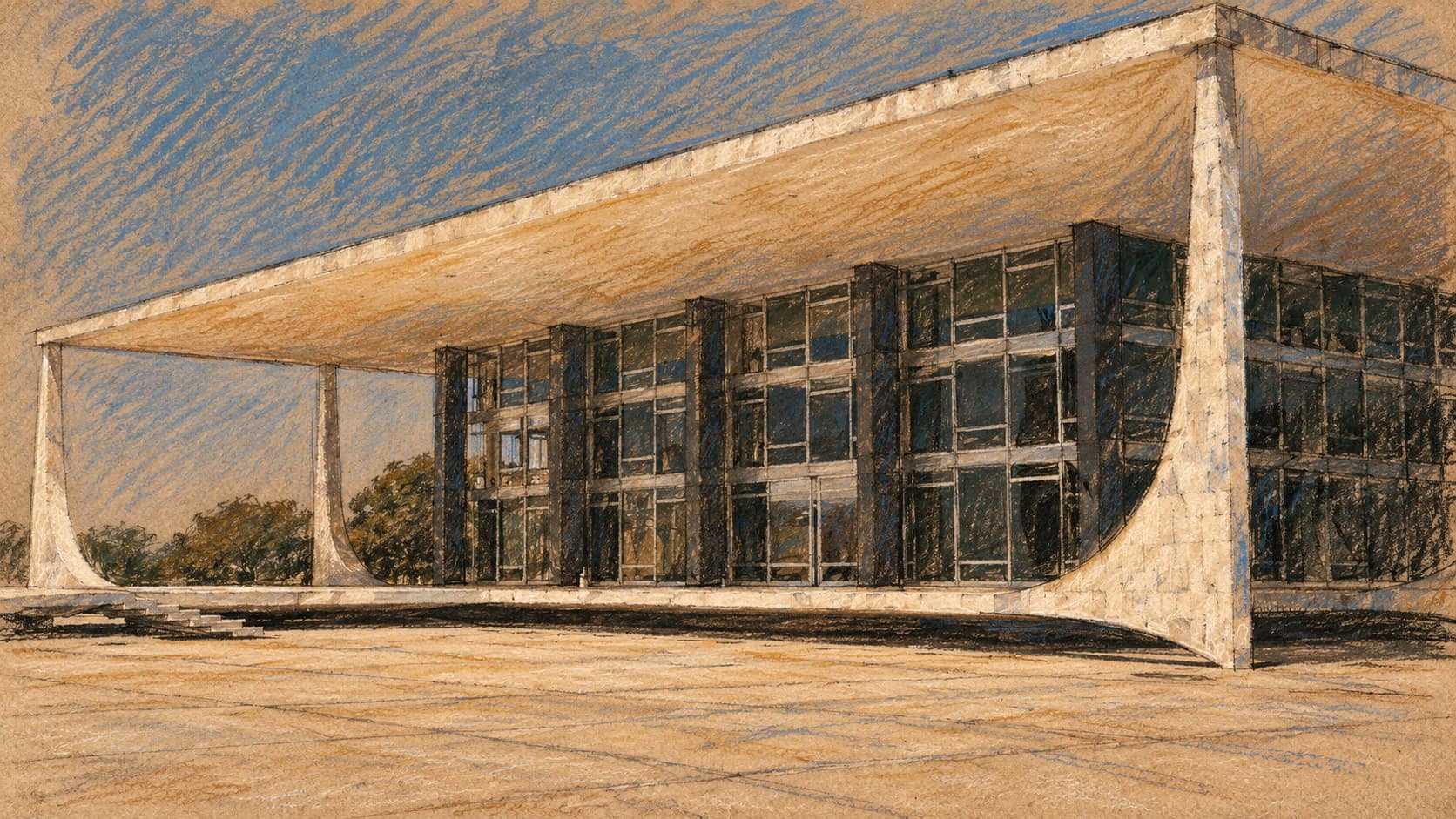 Courtroom-sketch editorial illustration of an archival 2007 close oblique exterior view of Brazil’s Supreme Federal Court building in Brasília, with its sweeping concrete roof, curved columns, dark glass facade and empty paved foreground; institutional context, not the October 29 decision, rendered in warm ochre and slate-blue pastel strokes.