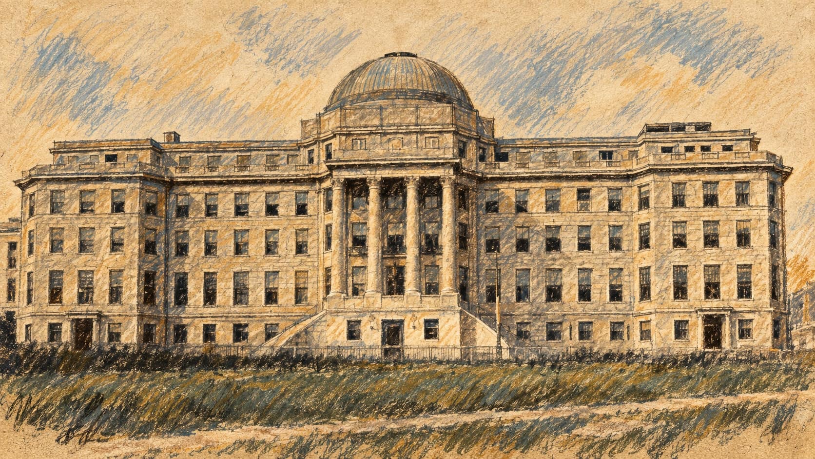 Courtroom-sketch editorial illustration of an archival circa-1916 exterior of Boston Children's Hospital, a symmetrical stone building with a central domed roof, columns, windows and a lawn; institutional context, not the donation announcement or the future Brighton campus, rendered in warm ochre and slate-blue pastel strokes.