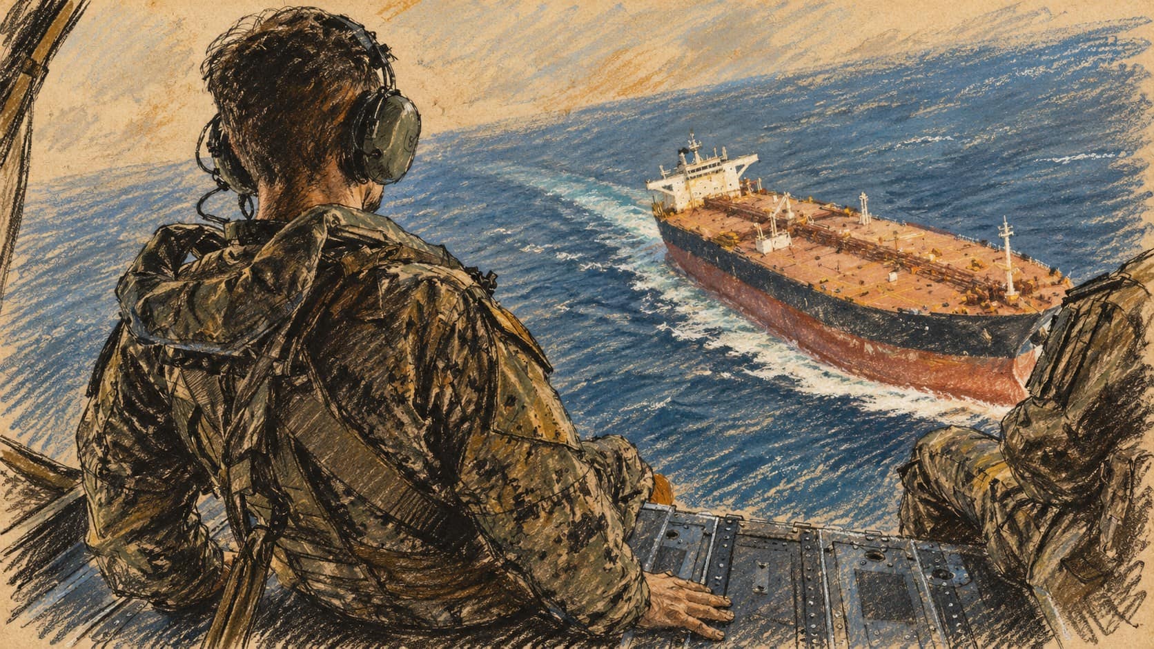 Courtroom-sketch editorial illustration of Adm. Brad Cooper viewing a commercial tanker from a U.S. Army CH-47 over the Strait of Hormuz during an October 25 visit.