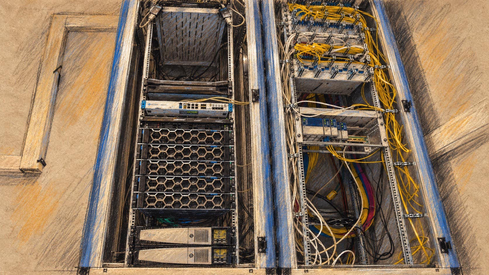 Courtroom-sketch editorial illustration of two server racks and networking cables, based on a February 2024 archival equipment photograph; contextual cybersecurity imagery unrelated to the premises of Paragon or Rivon.