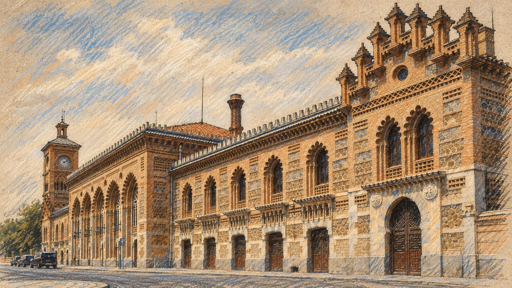 Courtroom-sketch editorial illustration of the ornate brick railway station in Toledo, Spain, in an archival 2009 exterior view with its clock tower and street; regional rail context, not the Urda crash scene or victim identification, rendered in warm ochre and slate-blue pastel strokes.