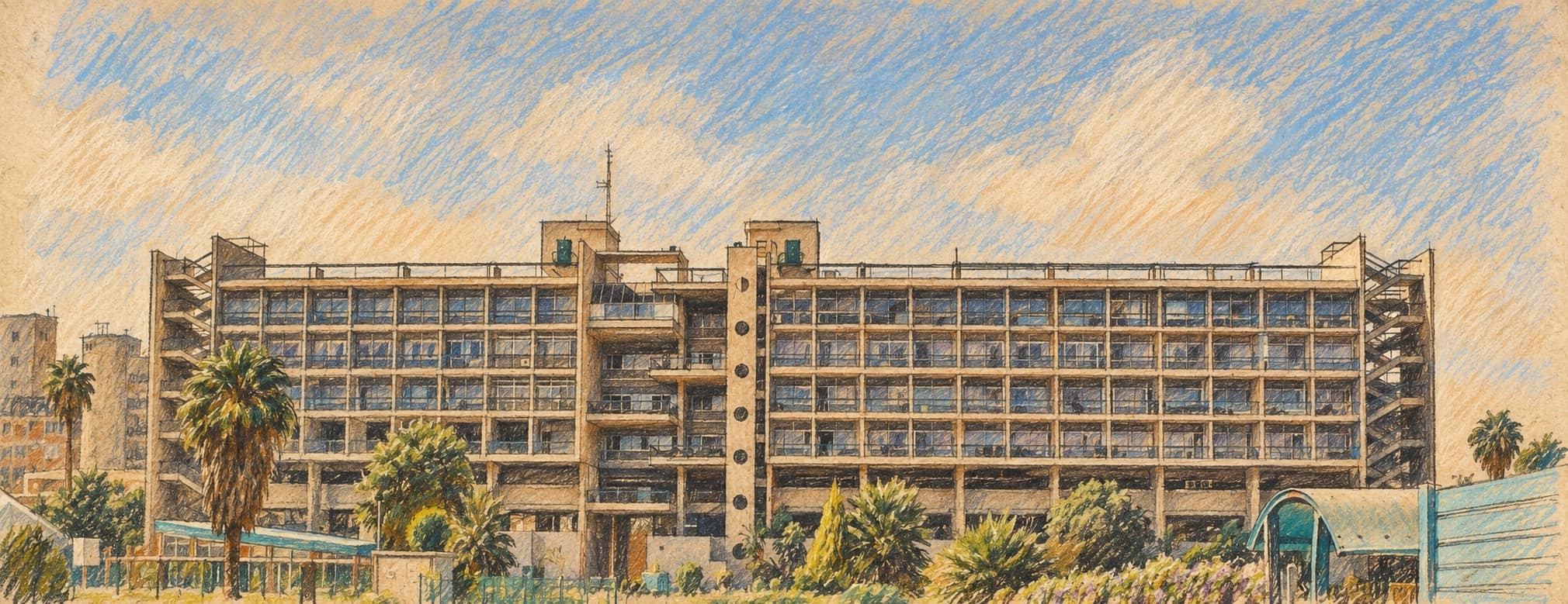 Courtroom-sketch editorial illustration of Soroka Hospital’s main building in Beersheba, based on an archival 2005 view.