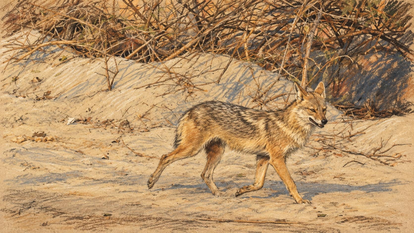 Courtroom-sketch editorial illustration of an archival golden jackal trotting across sandy ground, shown as species context rather than the animal found near Gesher