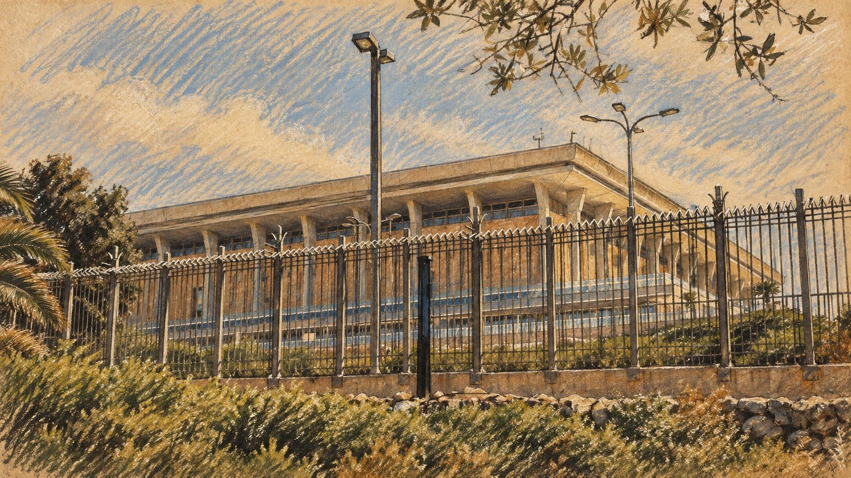 Courtroom-sketch editorial illustration of an archival exterior view of the Knesset in Jerusalem behind its perimeter fence, providing context for the challenge to its legislative process