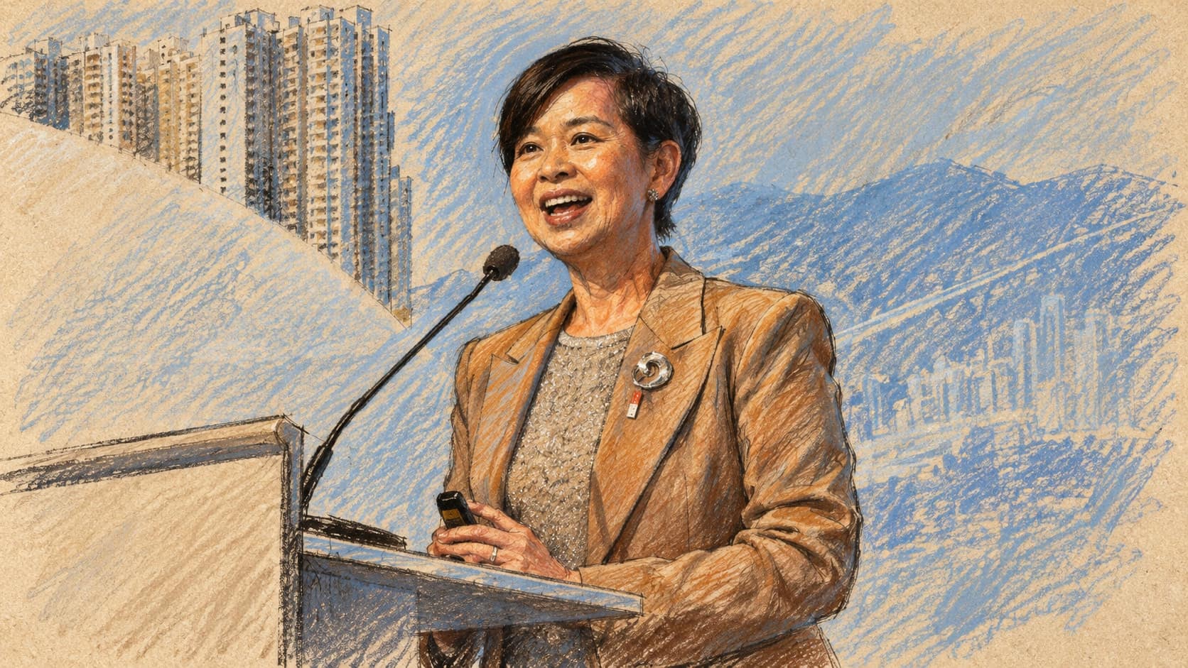 Courtroom-sketch editorial illustration of an archival 2025 portrait of Hong Kong housing secretary Winnie Ho speaking at a lectern with a microphone and pale blue high-rise backdrop; contextual portrait, not the October 2026 suspension announcement, rendered in warm ochre and slate-blue pastel strokes.